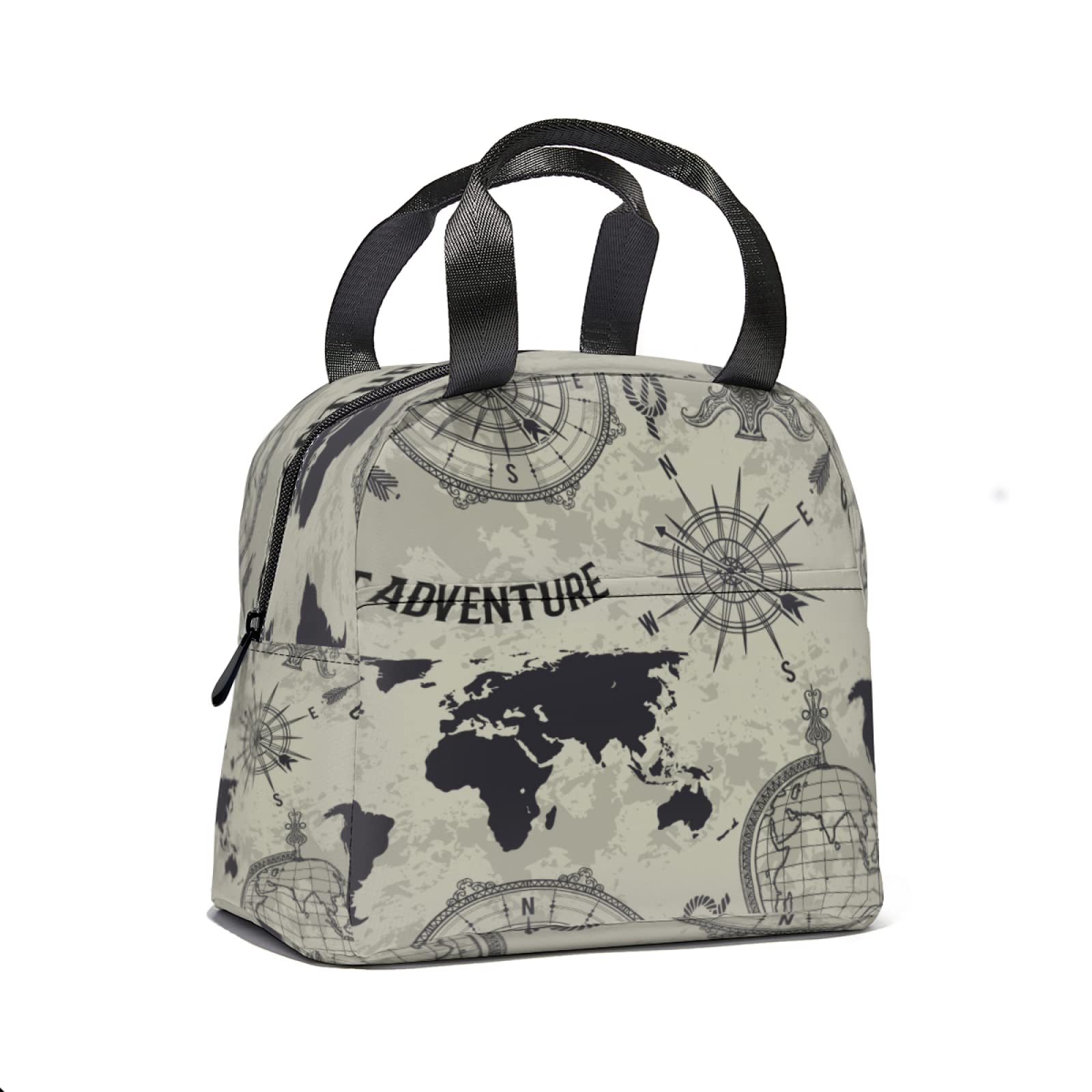 Vintage World Map & Compass Insulated Lunch Tote Bag - Reusable Thermal Lunch Box with Front Pocket for Men & Women - Perfect for School, Office, Picnic, Travel & Outdoor Adventures