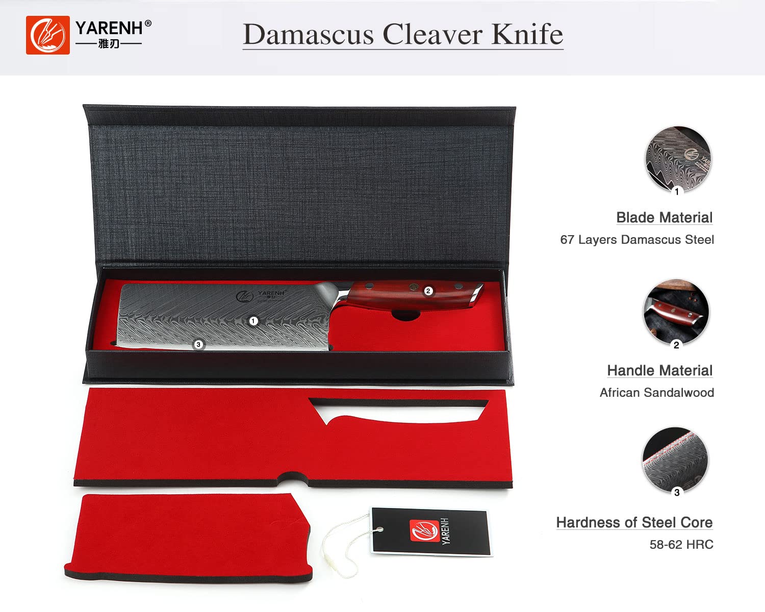 YARENH 7 Inch Damascus Chinese Cleaver Knife - 67 Layer High Carbon Stainless Steel Chef Knife, Ultra Sharp & Rust Resistant with African Sandalwood Handle (Gift Box Included) - Perfect for Slicing, Dicing & Chopping Vegetables, Meat & Herbs