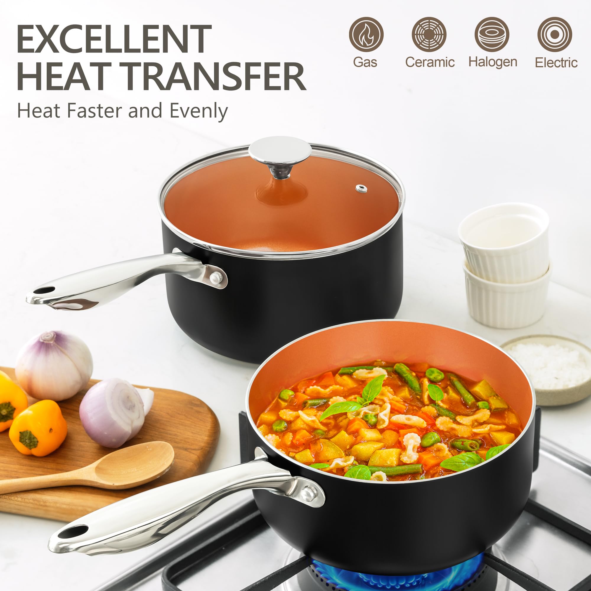 MICHELANGELO 3 Quart Nonstick Saucepan with Lid - Copper Ceramic Coated Induction Compatible Cooking Pot for Sauces, Soups & Pasta | Perfect for Stovetop, Oven & Daily Kitchen Use