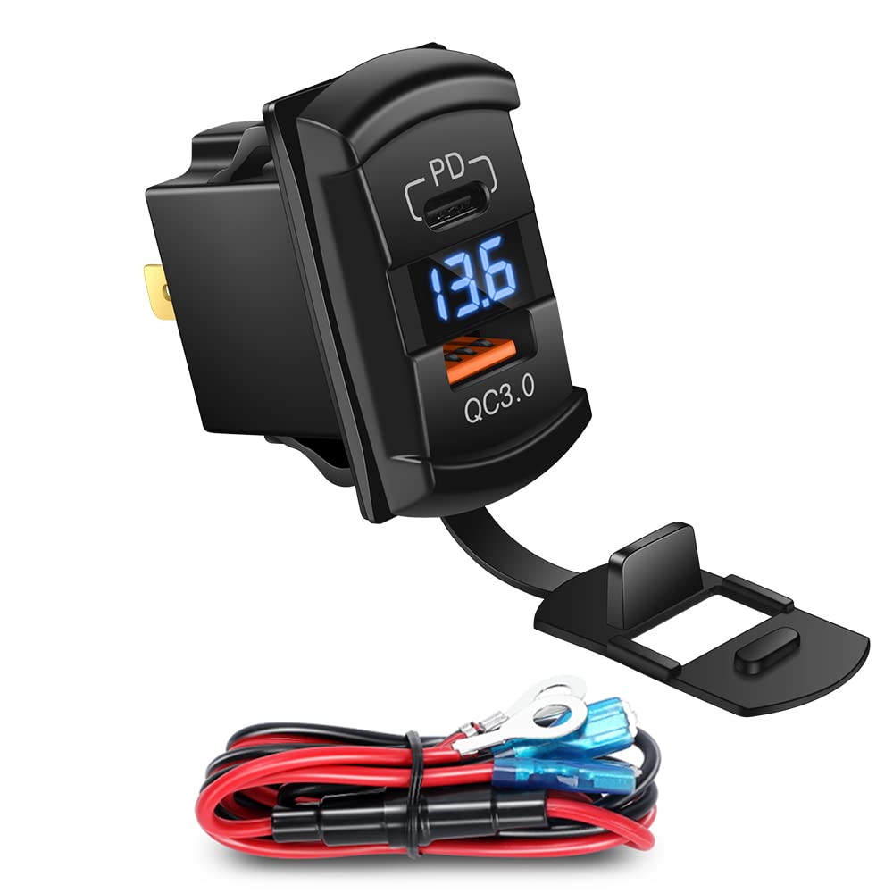 Waterproof USB C Rocker Switch with Dual PD & QC3.0 Fast Charging, 12V/24V Blue LED Voltmeter - Marine Grade USB Charger Socket for RV, Boat, Truck & Off-Road Vehicle Dashboards
