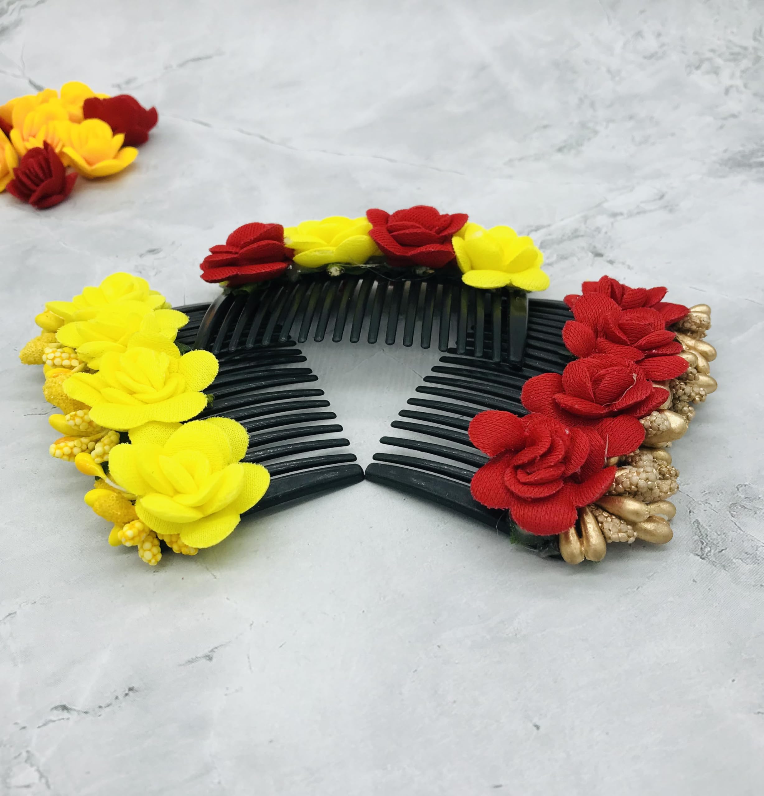 Gadinfashion™ Artificial Flower Hair Side Comb - Juda Comb for Women & Girls | Yellow & Red Pack | Wedding, Party & Bridal Hair Accessories
