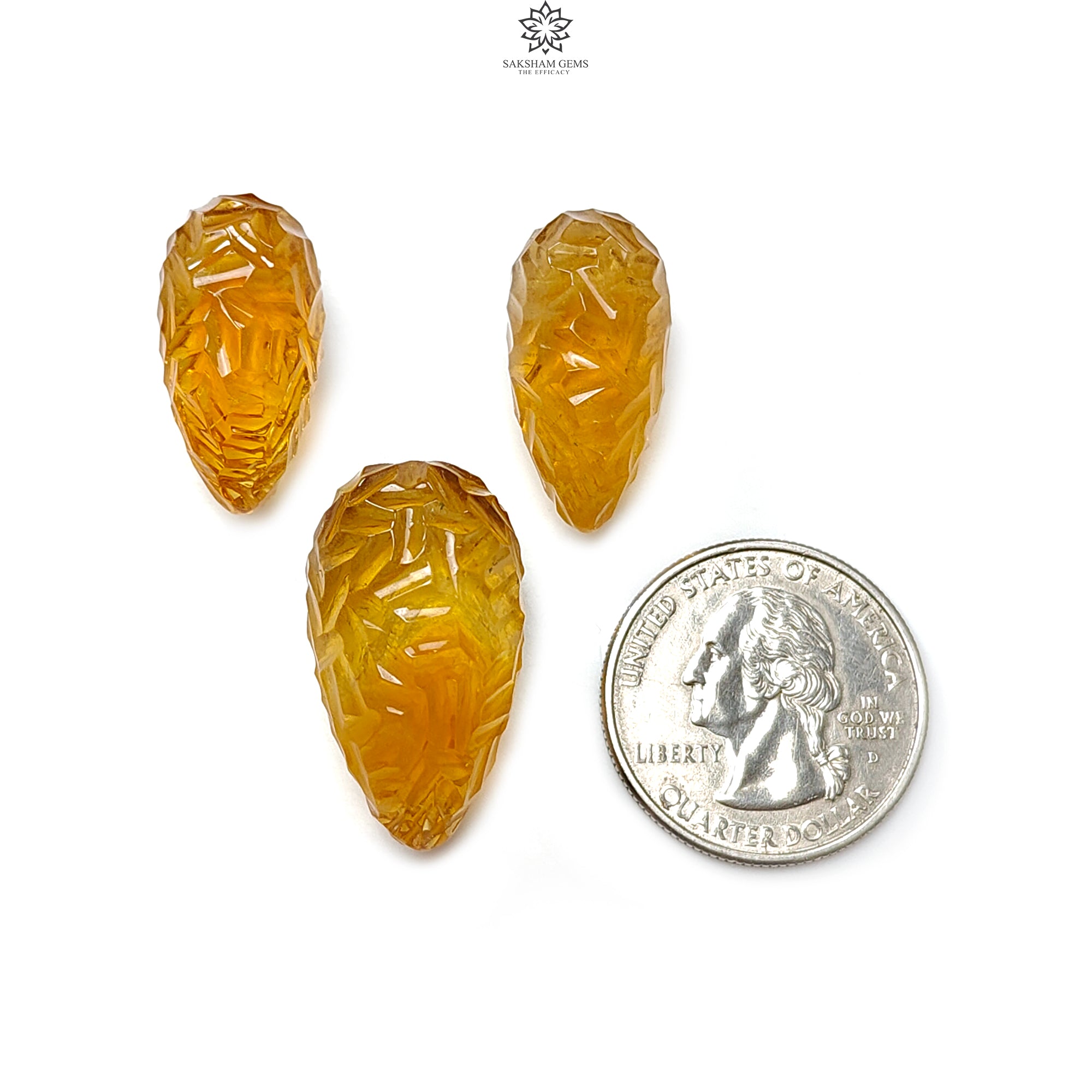 Natural Untreated Yellow Citrine Gemstone Carving - 84.70cts Handcrafted Teardrop Shape (24mm x 27mm) 3-Piece Set, November Birthstone | Perfect for Jewelry Making, Meditation Crystals & Healing Stone Collections