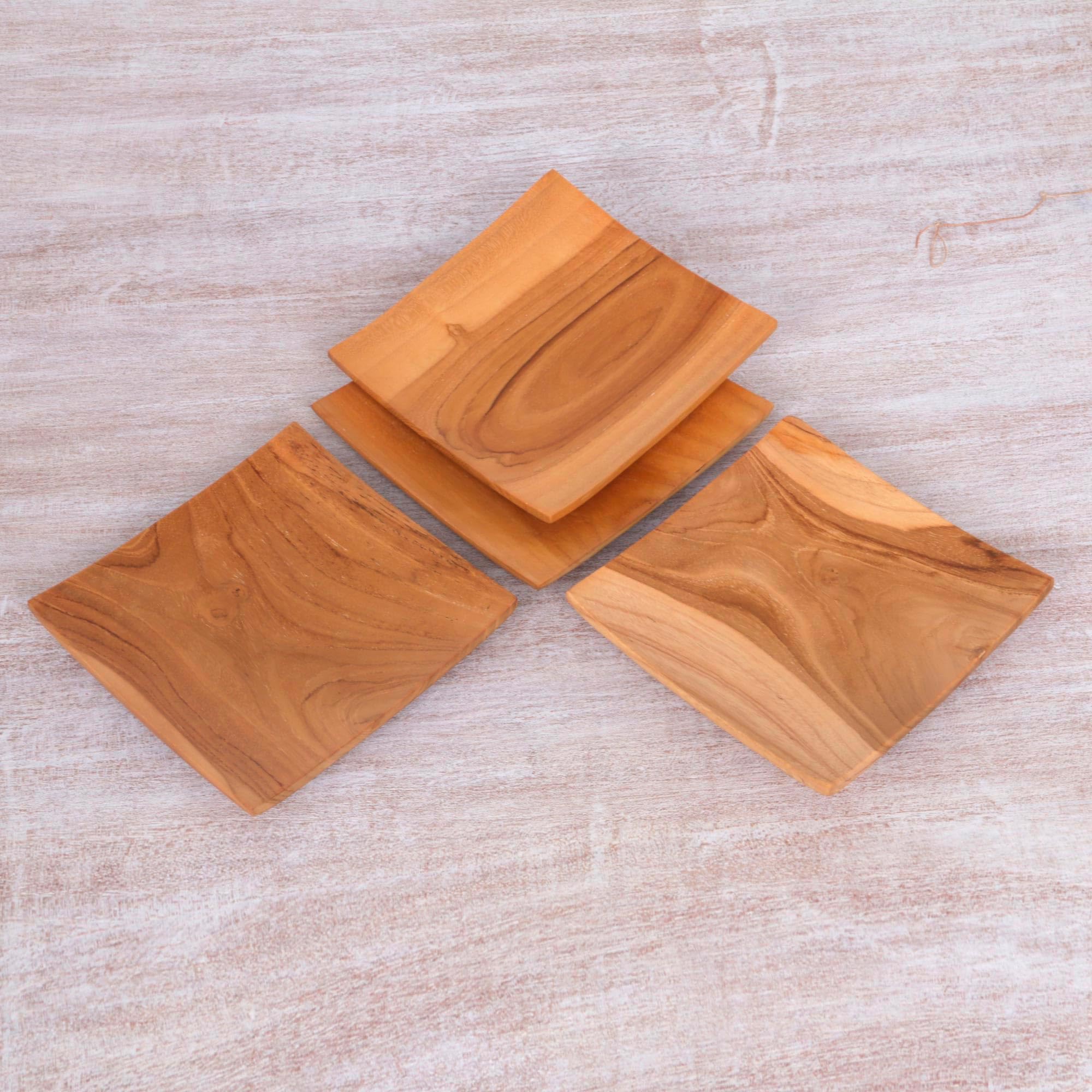 Handmade Teak Wood Square Plates Set of 4 - Natural Brown Bali Artisan Dinnerware for Fine Dining | Eco-Friendly Tableware for Restaurants, Weddings & Home Decor [6x6x1 inch]