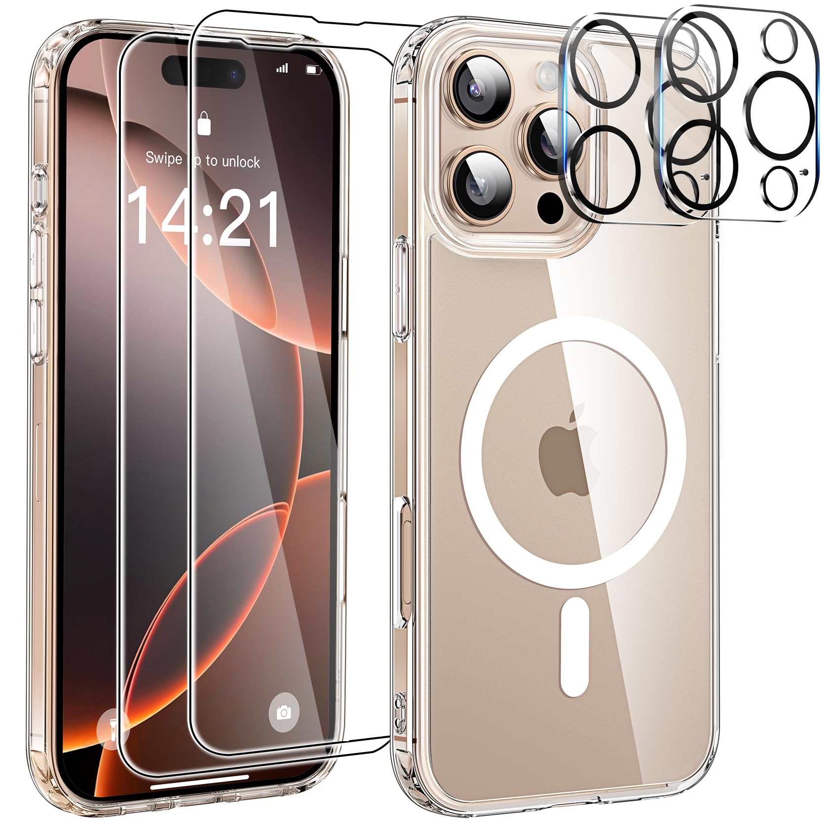 YisrLery Magnetic Shockproof Case for iPhone 16 Pro (6.3 Inch) - Transparent Anti-Yellowing Back, Anti-Scratch Design with 2 Tempered Glass Screen Protectors & 2 Camera Protectors | Magsafe Compatible | Perfect for Daily Use, Outdoor Activities & Travel Protection