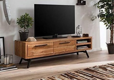 Gfine Solid Acacia Wood TV Stand with 2 Drawers - 160x40x60Cm Modern Entertainment Center for Living Room & Home Theater