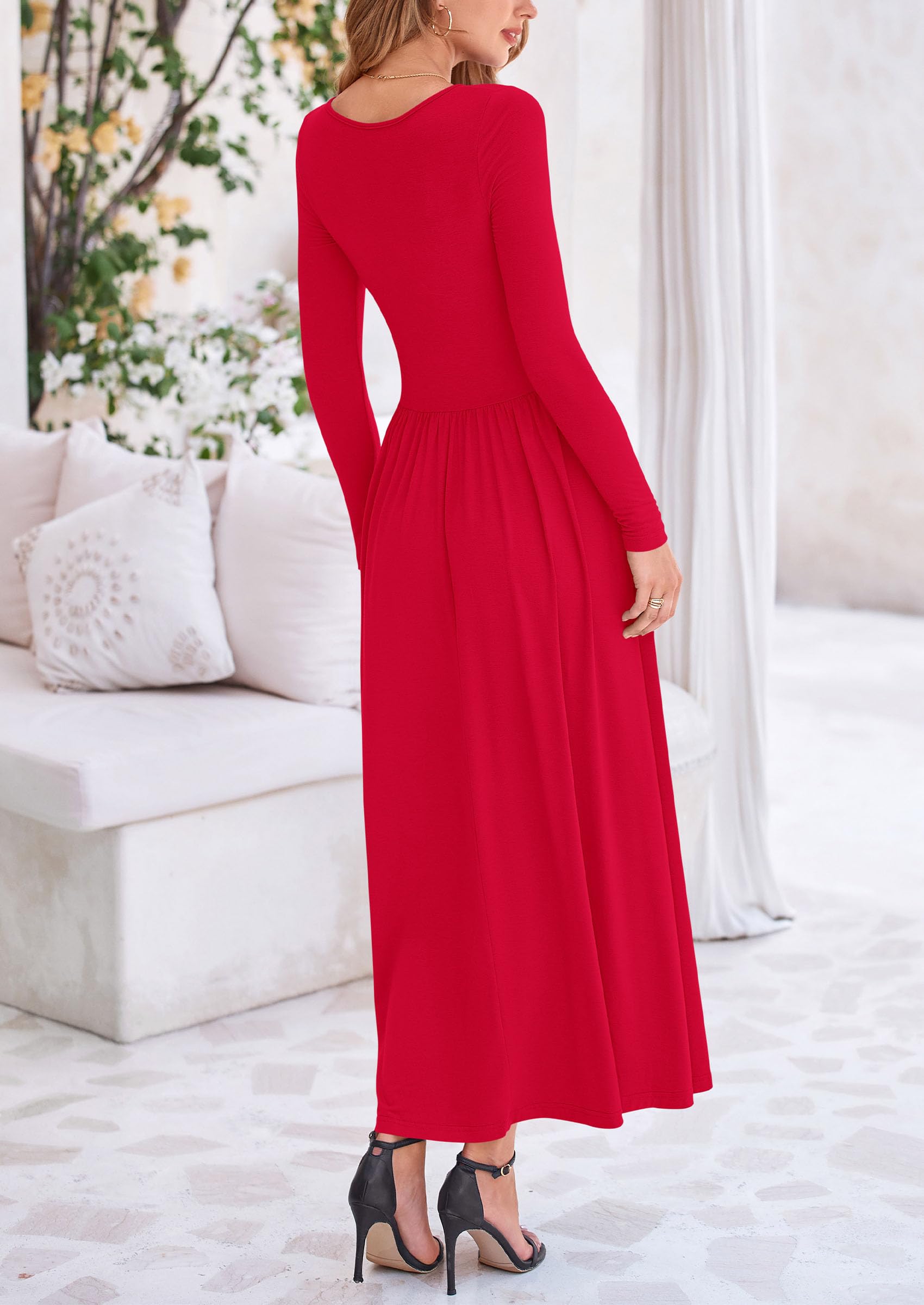 PRETTYGARDEN Women's 2025 Spring Long Sleeve Maxi Dress - Crewneck Ruched A-Line Flowy Elegant Modest Dress for Casual Wear, Church, Wedding Guest & Special Occasions