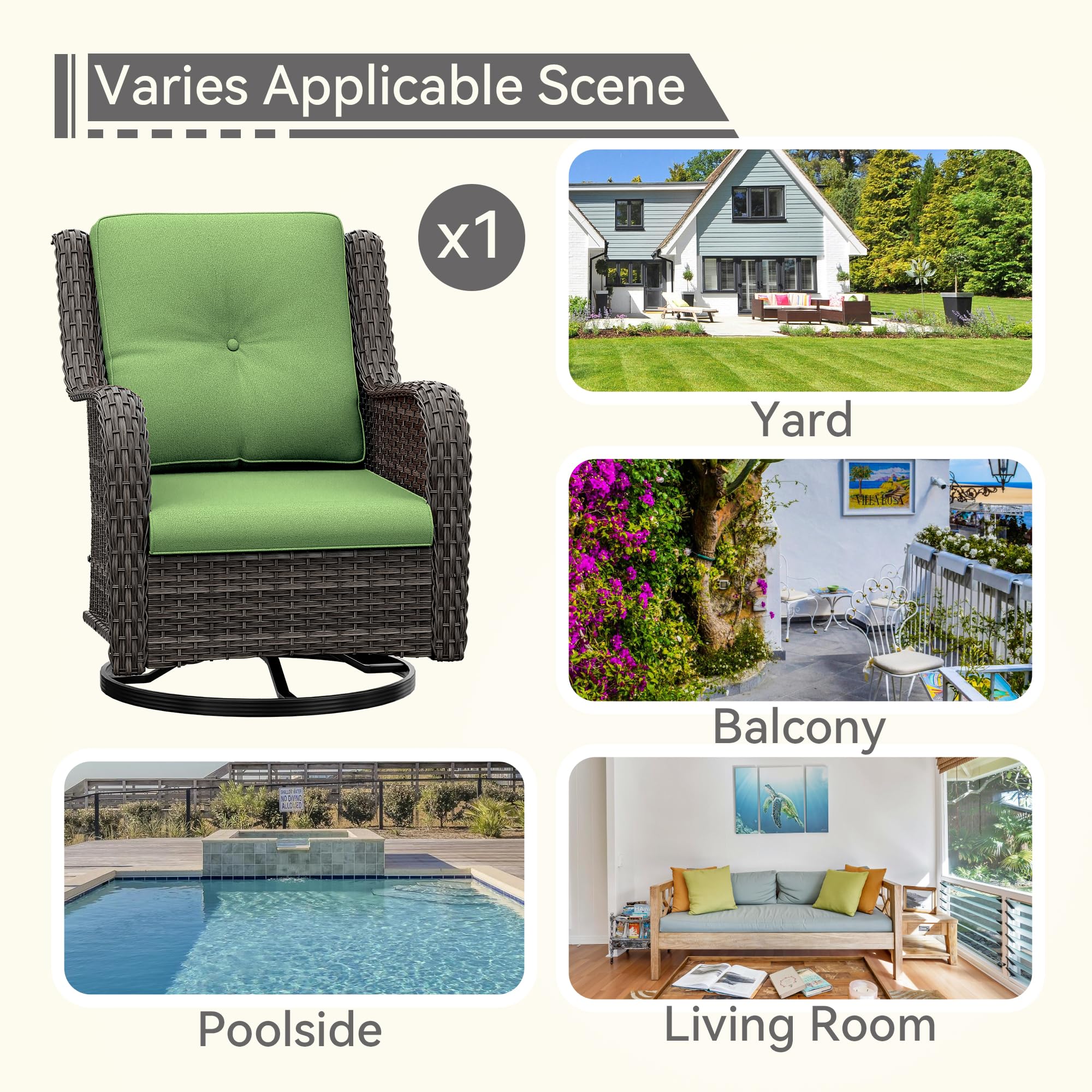 Outdoor Swivel Rocker Patio Chair - Weather-Resistant Wicker Patio Chair with Olefin Fabric Cushions, 360-Degree Rotation, Perfect for Backyard, Deck, Porch, Garden & Poolside Relaxation - Green