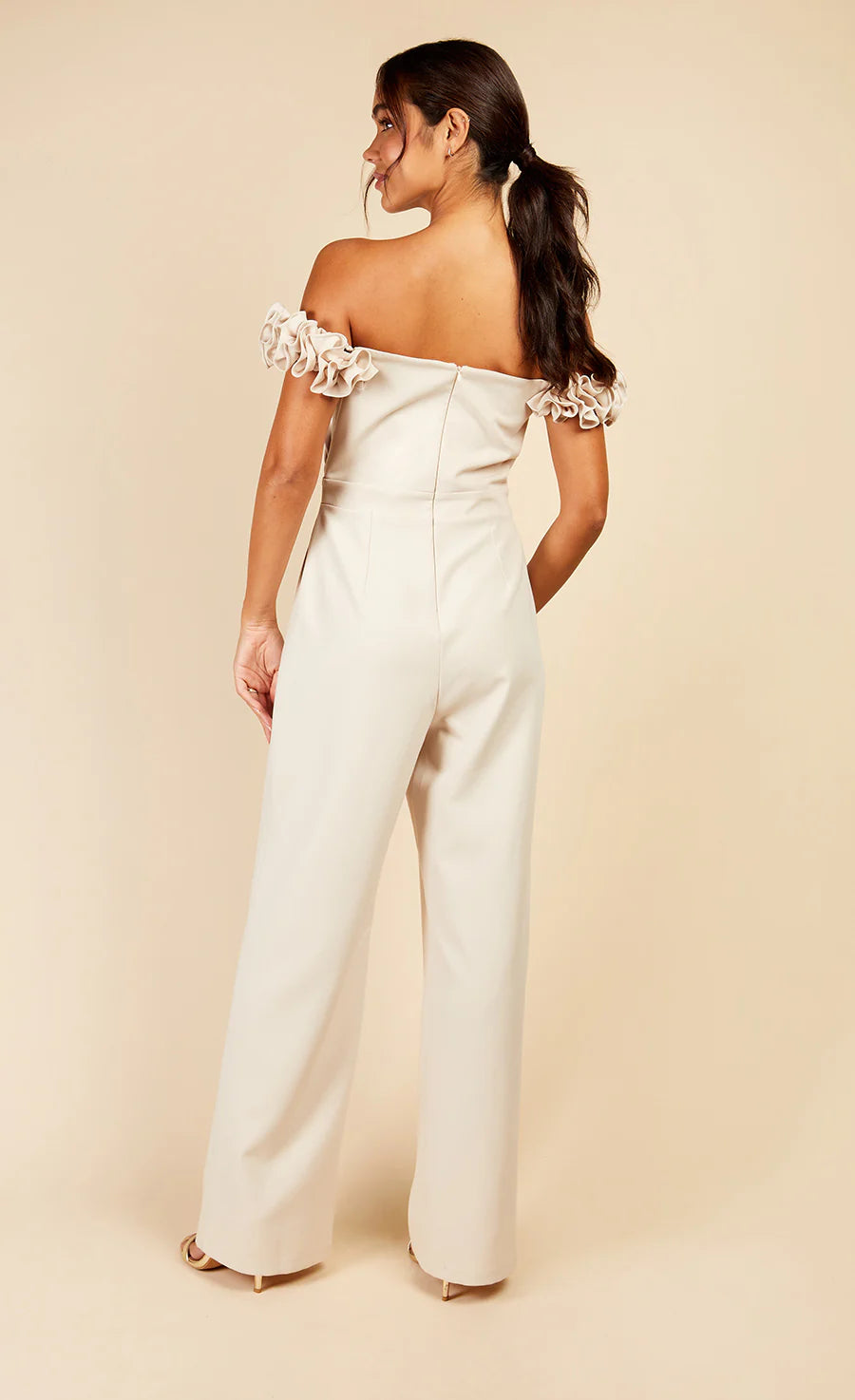 Linda Rosette Bardot Jumpsuit for Women - Elegant Cream One Piece Romper with V-Neck & Floral Lace Trim | Perfect for Summer Weddings, Beach Vacations & Date Nights