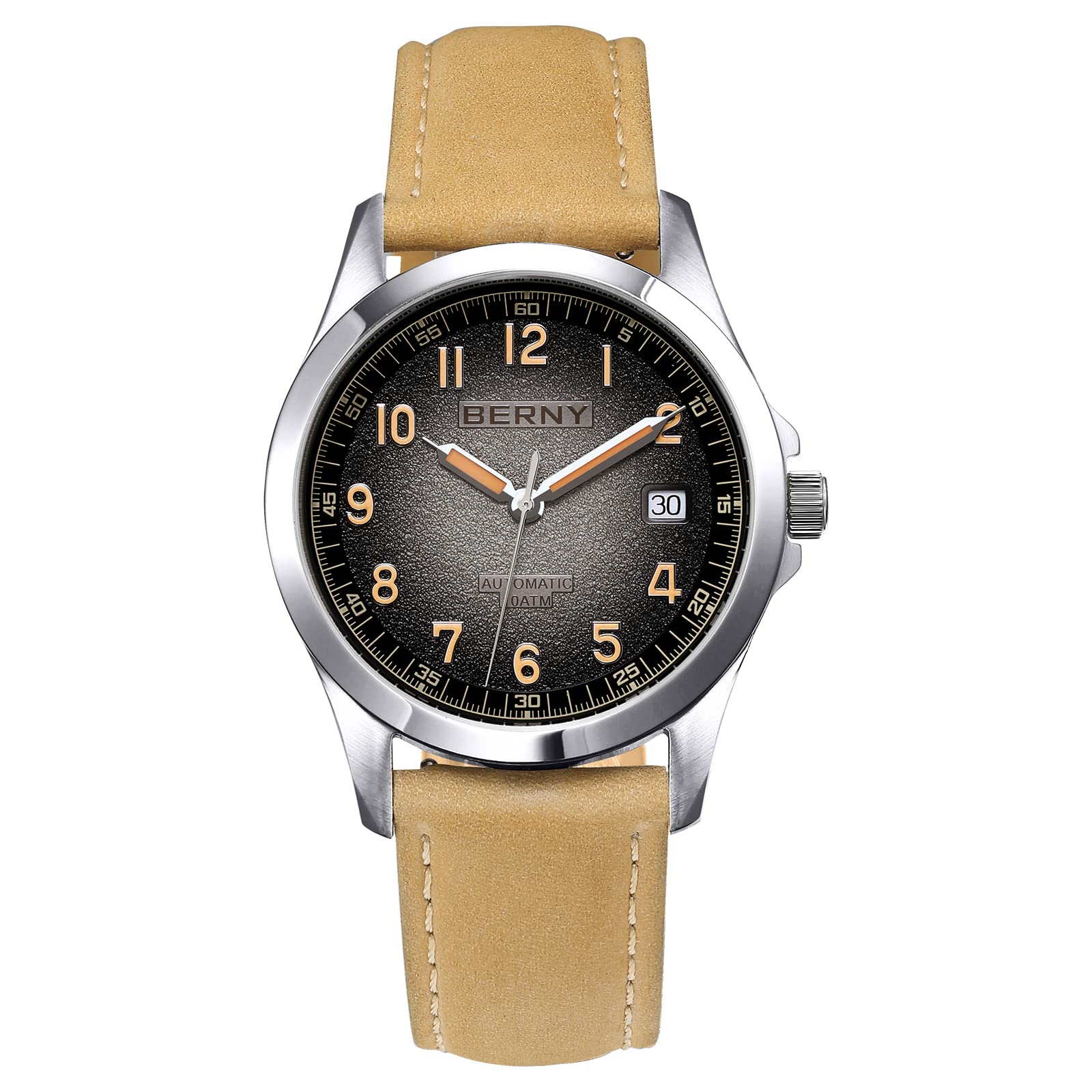 BERNY Men's Automatic Watch with Seagull ST2130 Movement - Leather Strap, Luminous Hands, 10ATM Waterproof, Sapphire Crystal Glass, Scratch Resistant - Perfect for Business, Casual & Outdoor Activities