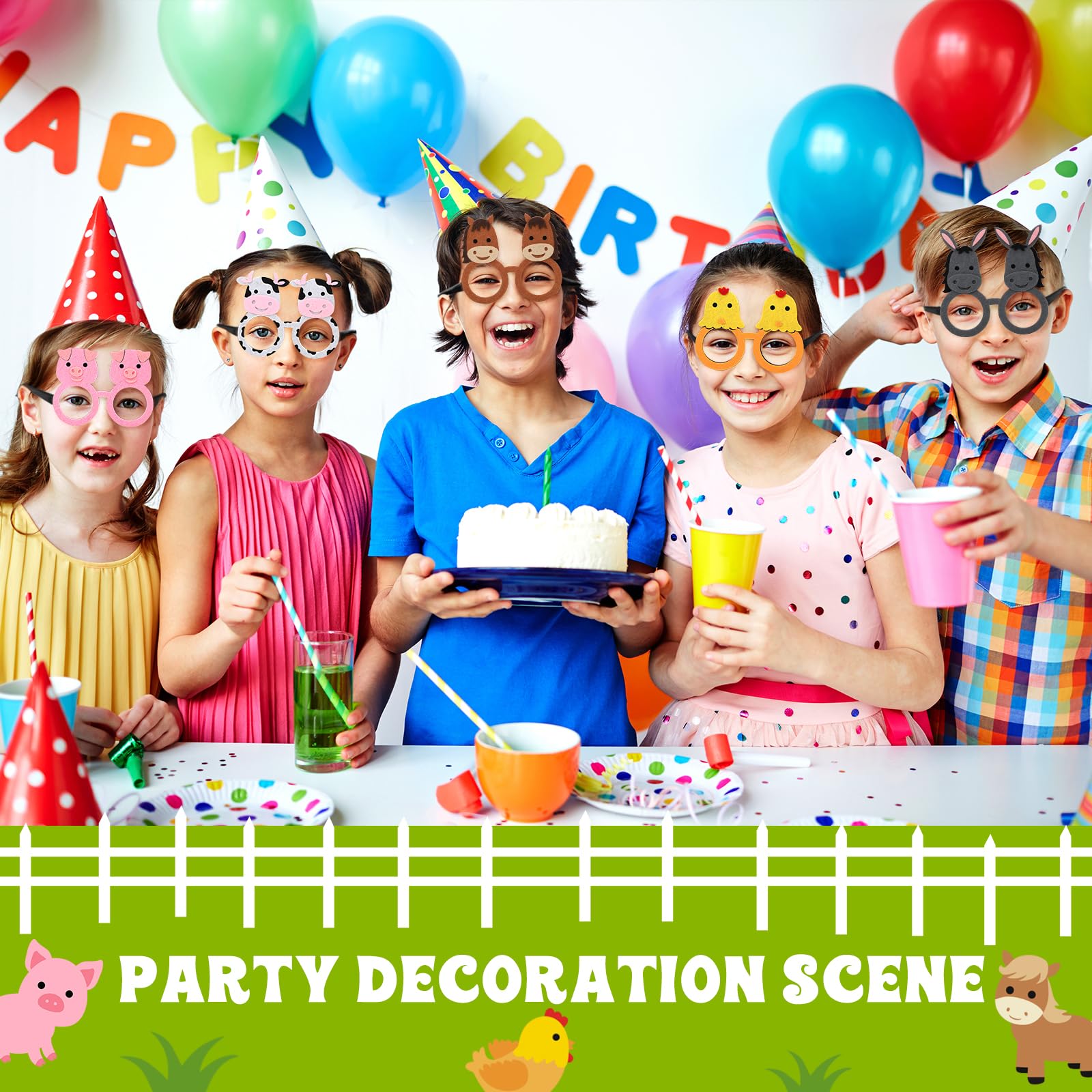 6Pcs Farm Animal Glasses - Funny Barnyard Party Eyewear Frames for Kids & Adults - Creative Costume Accessories for Birthday Parties, Themed Events & Photo Booths