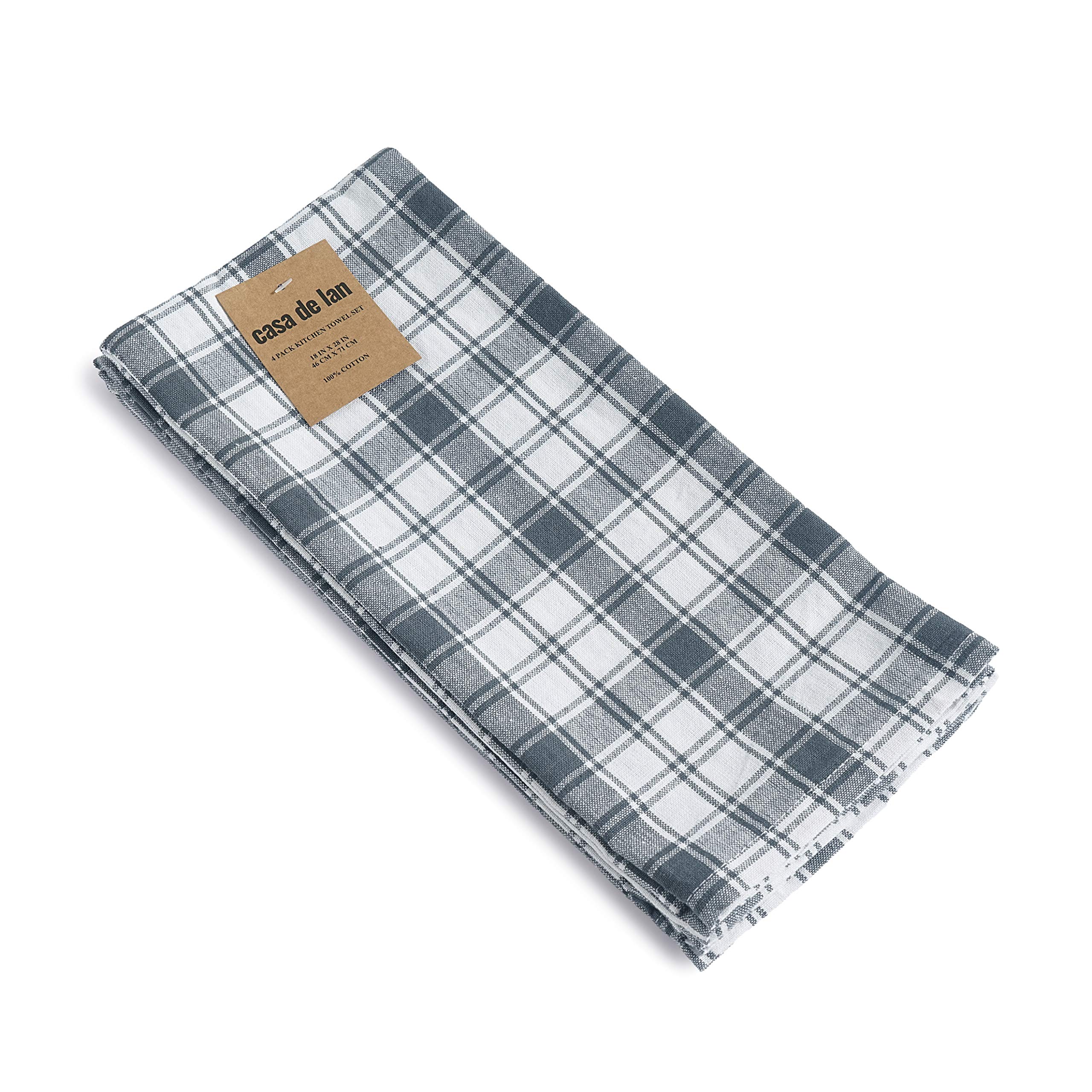 Premium 4-Pack Cotton Kitchen Towels Set - 2 Check & 2 Stripe Dish Towels - 100% Ring Spun Cotton - 18