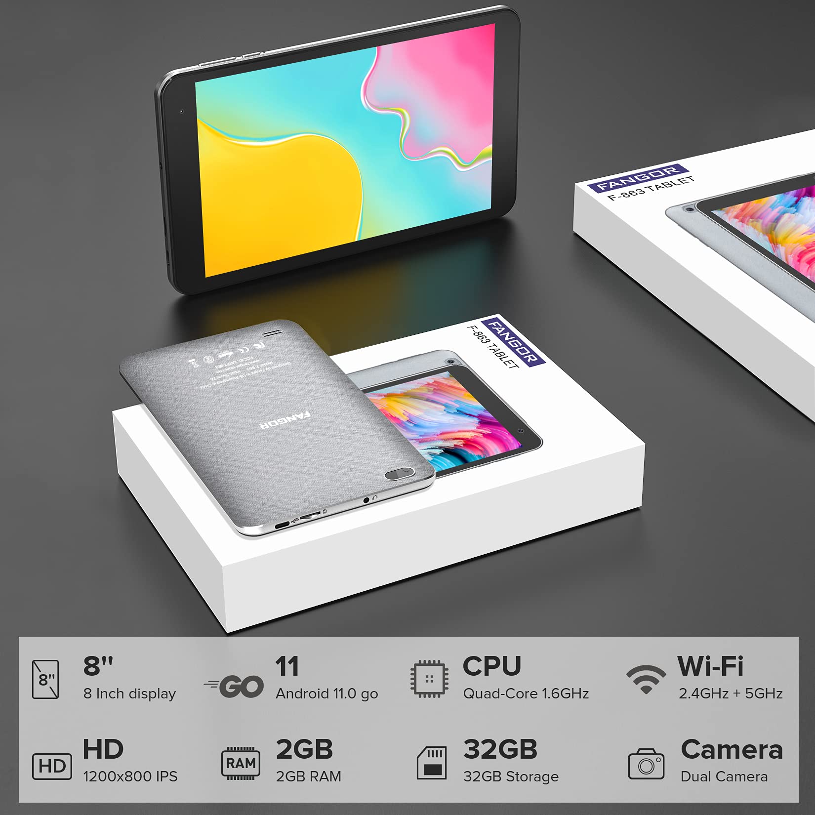 FANGOR 8 Inch Android Tablet - Android 11.0, IPS HD Display, 2GB RAM, 32GB Storage, Quad-Core Processor, 5G WiFi, Bluetooth 5.0, Dual Camera (Silver Grey) - Perfect for Work, Study, and Entertainment