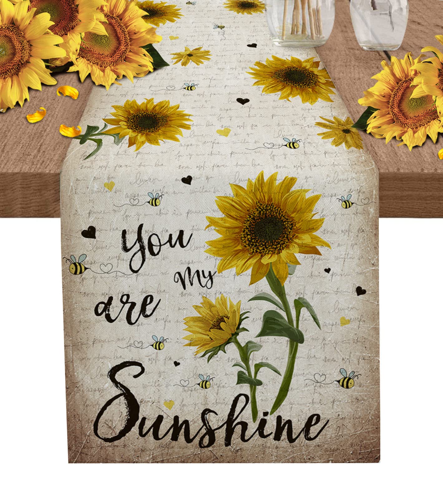 Sunflower Bees Cotton Linen Table Runner - 13x72 Inch Rustic Farmhouse Decor for Dining Table & Kitchen | Indoor Outdoor Home Decoration | Perfect for Weddings, Parties & Everyday Use