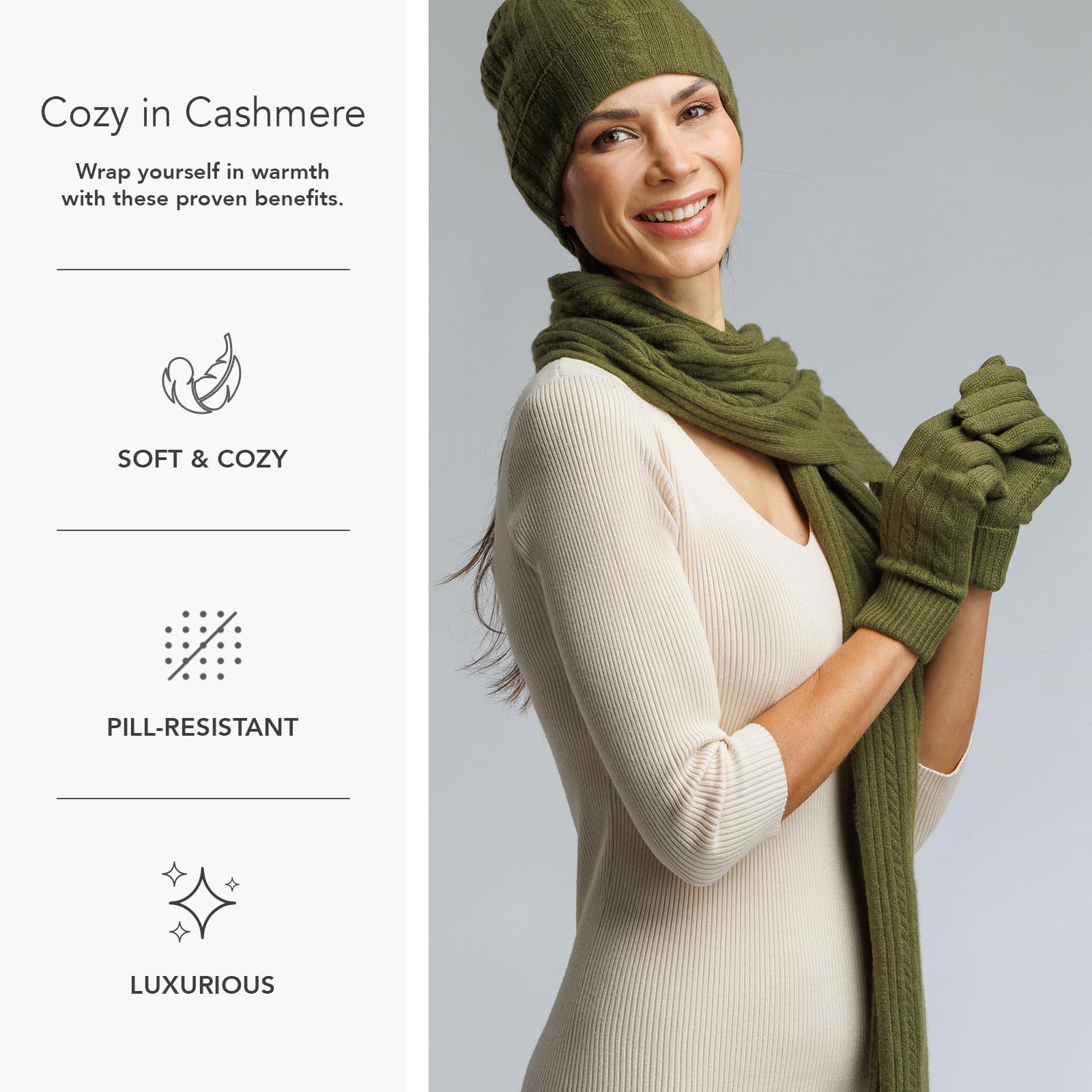 Fishers Finery Women's Pure Cashmere Cable Knit Hat, Gloves & Scarf Set - Winter Accessories Gift Box for Cold Weather, Outdoor Activities & Holiday Gifting