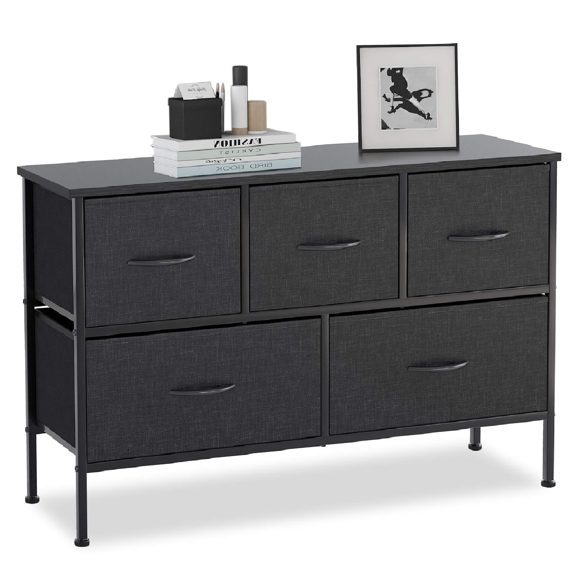 Bizvalue 5-Wide Fabric Drawer Organizer with Heightened Feet & Wall Nails - Dark Gray/Black for Bedroom Dresser, Closet, Entryway & Hallway Storage | Perfect for Socks, Underwear & Accessories Organization