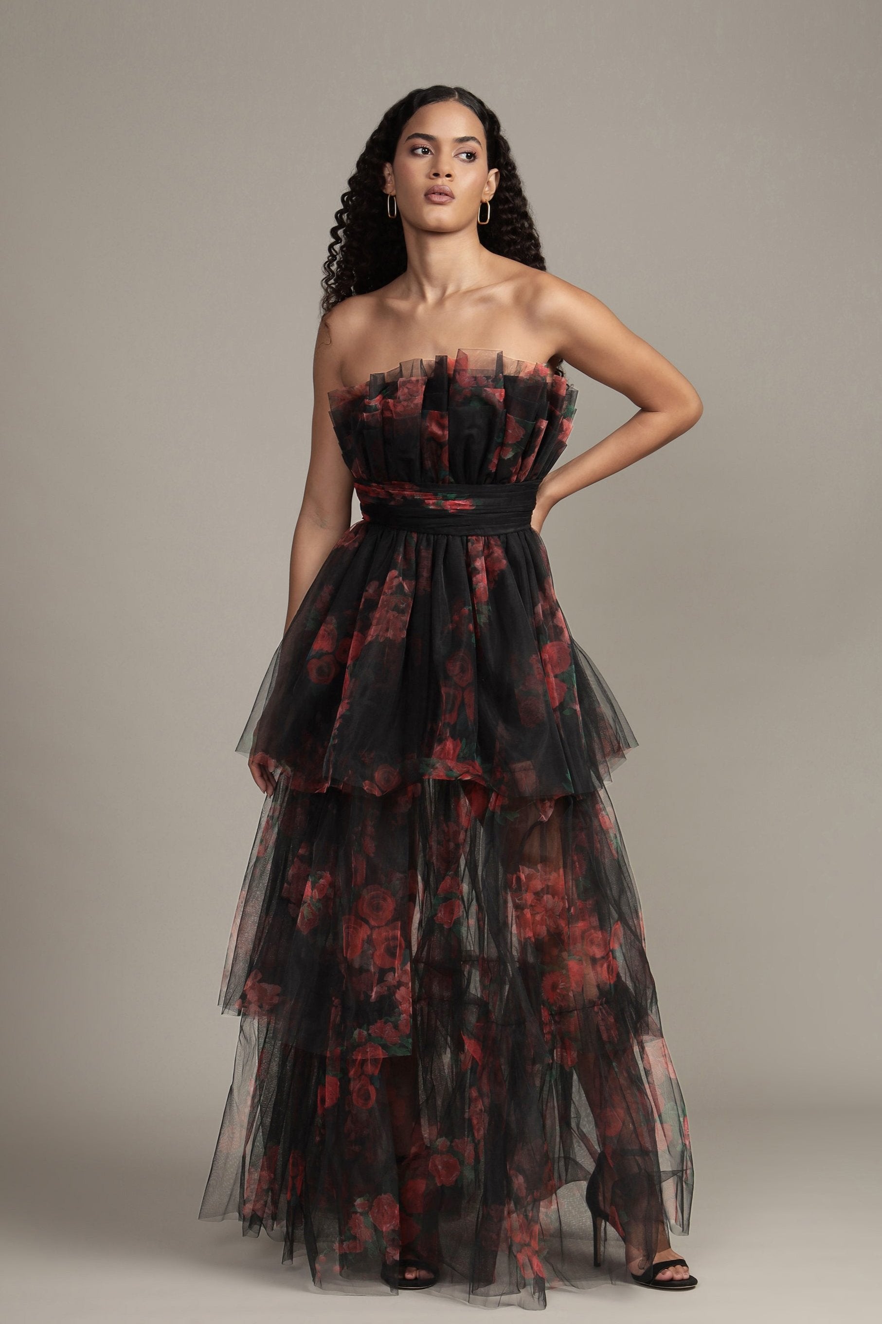 Natalia Black and Red Floral Tulle Maxi Dress for Women - Elegant Evening Gown for Weddings, Parties & Special Occasions