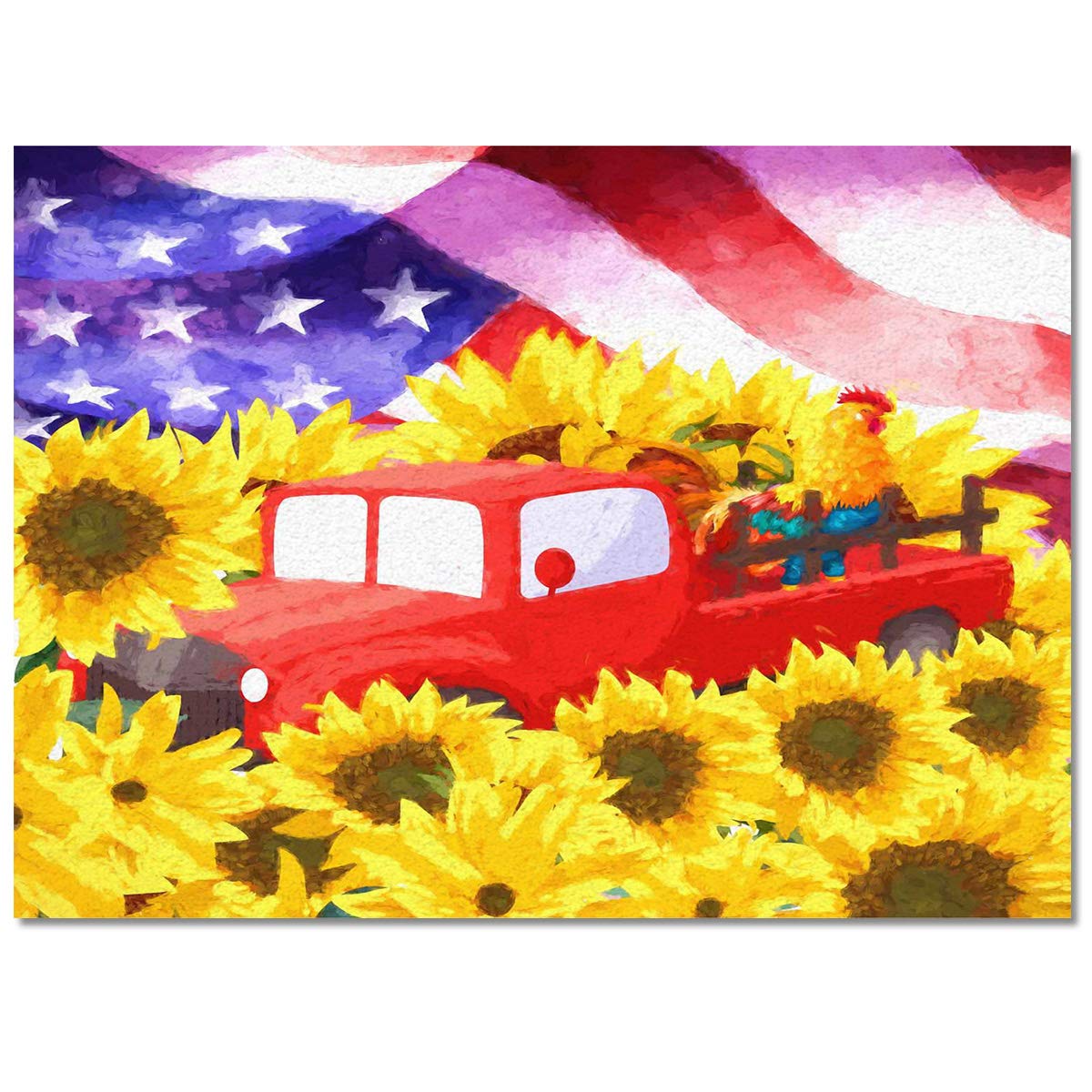5' x 8' Non-Slip Sunflower Farm Truck Area Rug with Rooster & American Flag Design - Rectangle Floor Mat for Living Room, Bedroom, Entryway & Farmhouse Decor