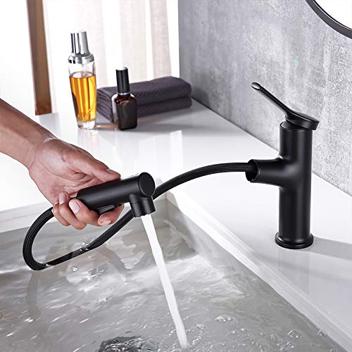 Modern Single Hole Bathroom Faucet with Pull Out Sprayer - 3 Mode Pull Down Sprayer, One Handle Brass Basin Mixer Tap for Vanity Sink - Farmhouse Style in Matte Black - Perfect for Bathroom Renovation & Modern Home Decor