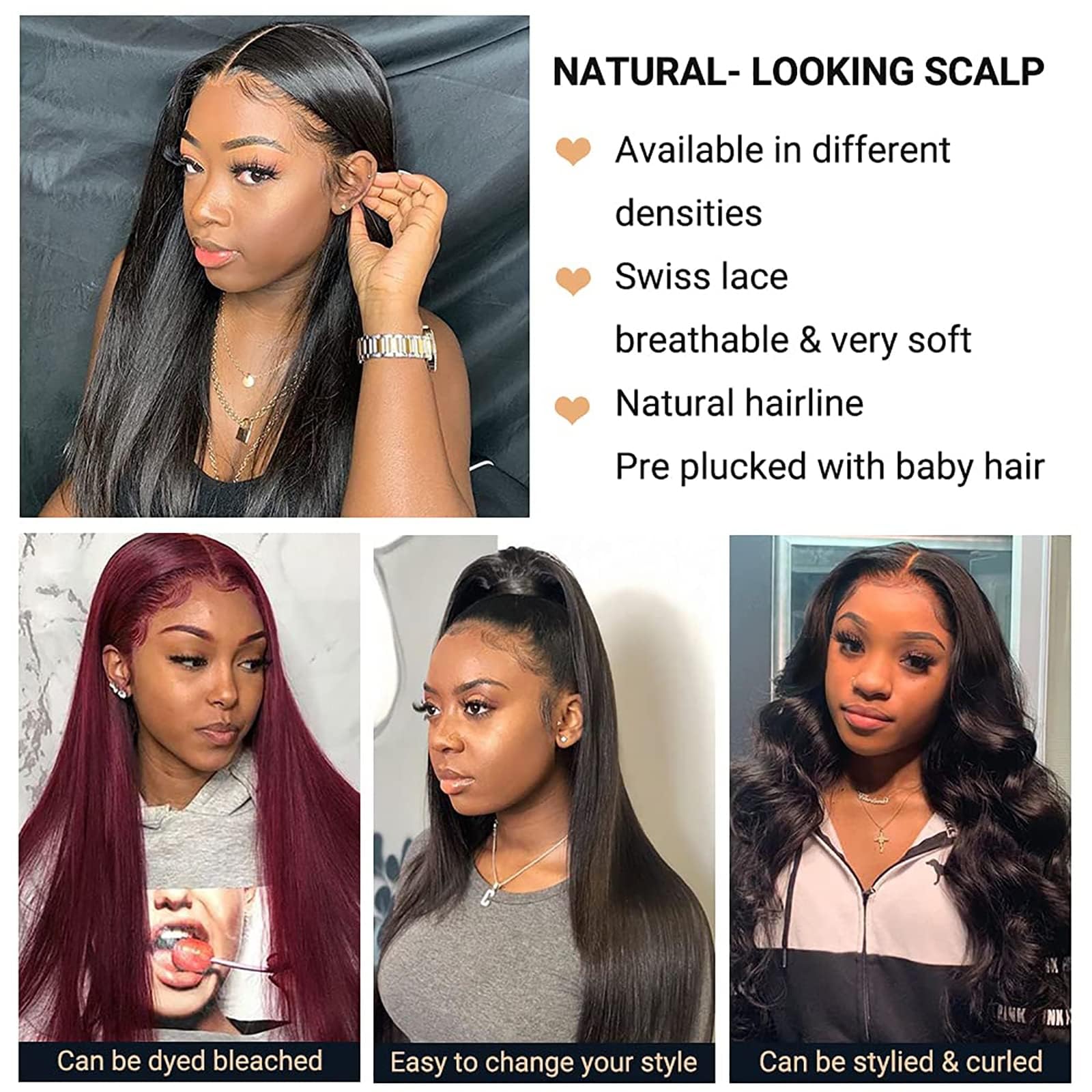 4x4 Lace Front Wigs Human Hair - Pre Plucked 150% Density Straight Glueless Lace Frontal Wigs for Black Women - Brazilian Virgin HD Lace Closure with Baby Hair (24 Inch) - Perfect for Daily Wear, Parties, and Special Occasions