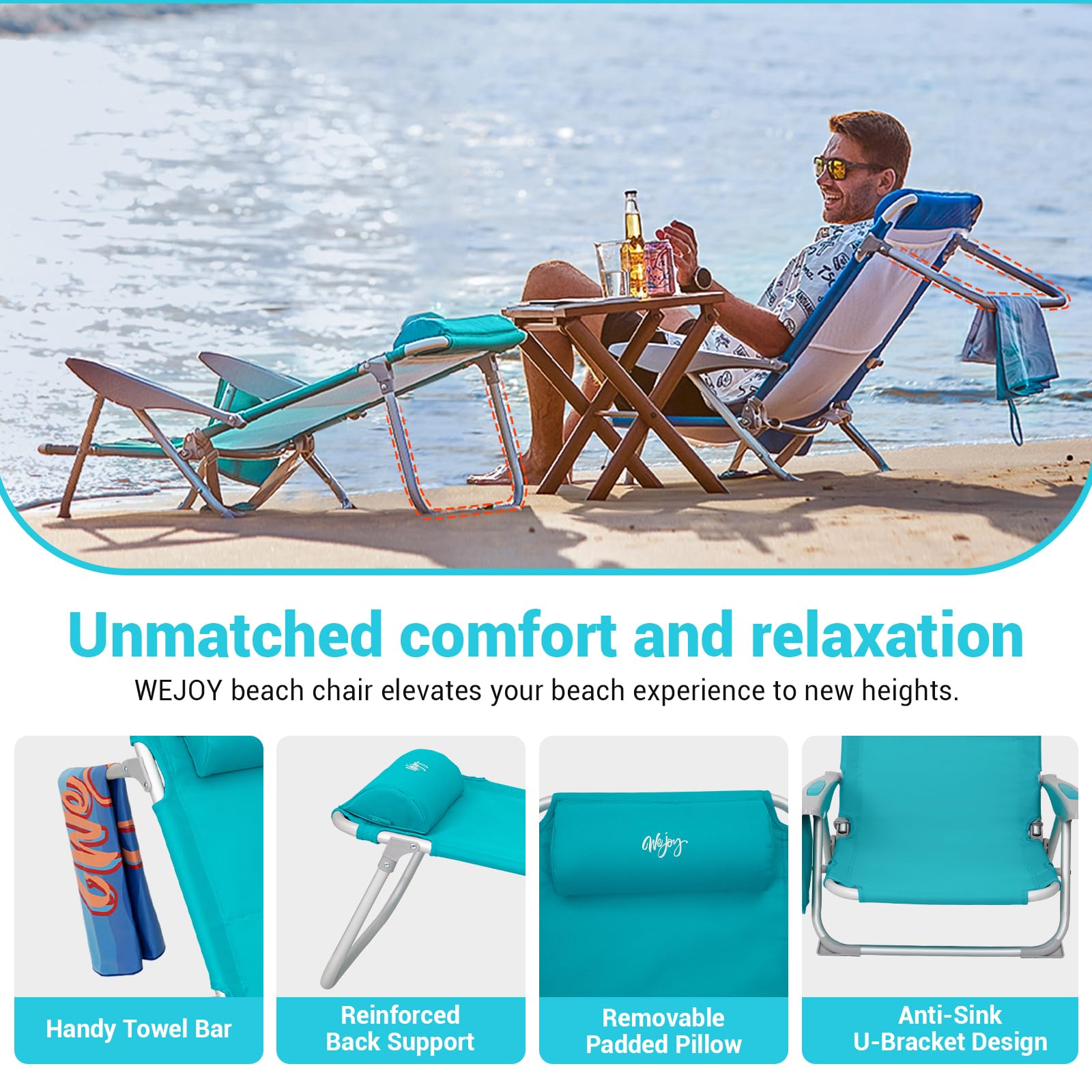 WEJOY Folding Beach Chair for Adults - 4 Position Adjustable Lightweight Aluminum Sand Chair with Shoulder Strap, Cup Holder & Padded Headrest - Supports 265lbs - Perfect for Beach, Camping, Backyard & Outdoor Relaxation