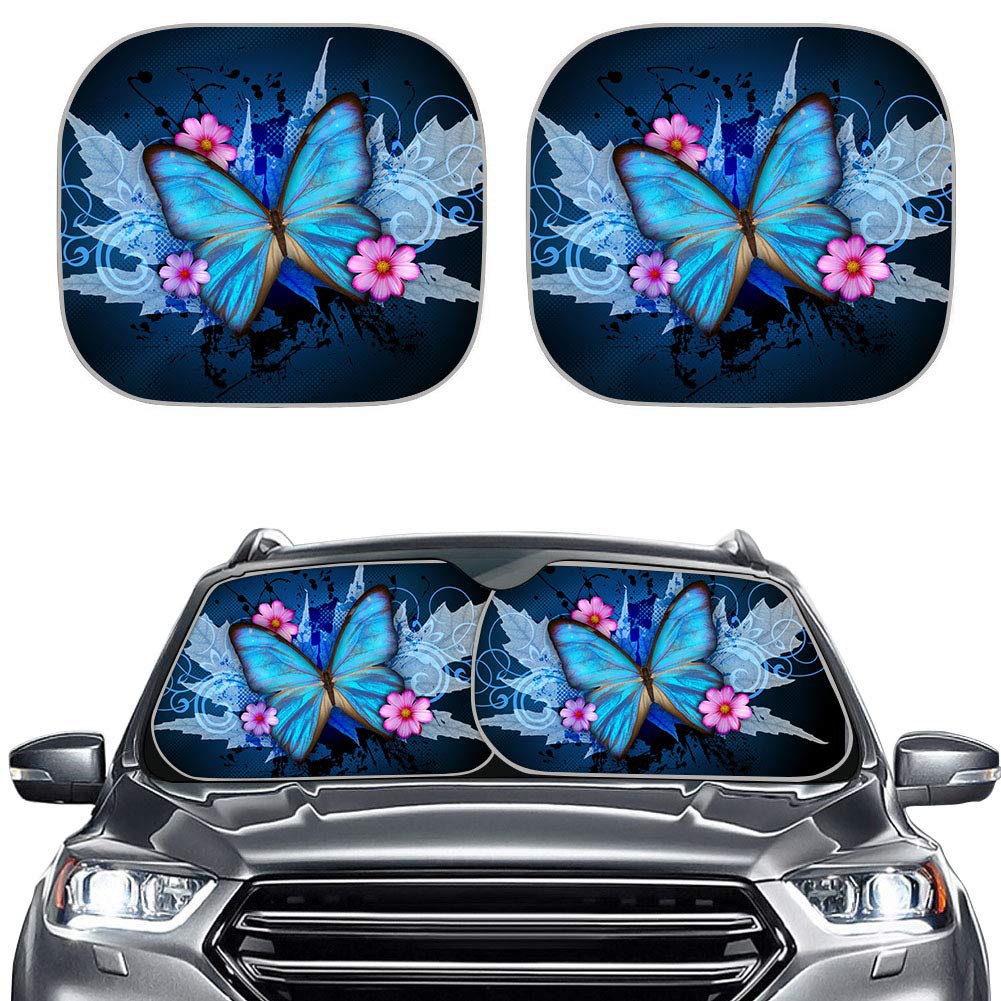 NETILGEN Blue Butterflies Car Windshield Sun Shade - UV Ray Blocking Sun Visor Protector for Front Window | Universal Fit, Keeps Car Cool | Easy to Use (2-Pack) | Perfect for Summer Parking & Road Trips