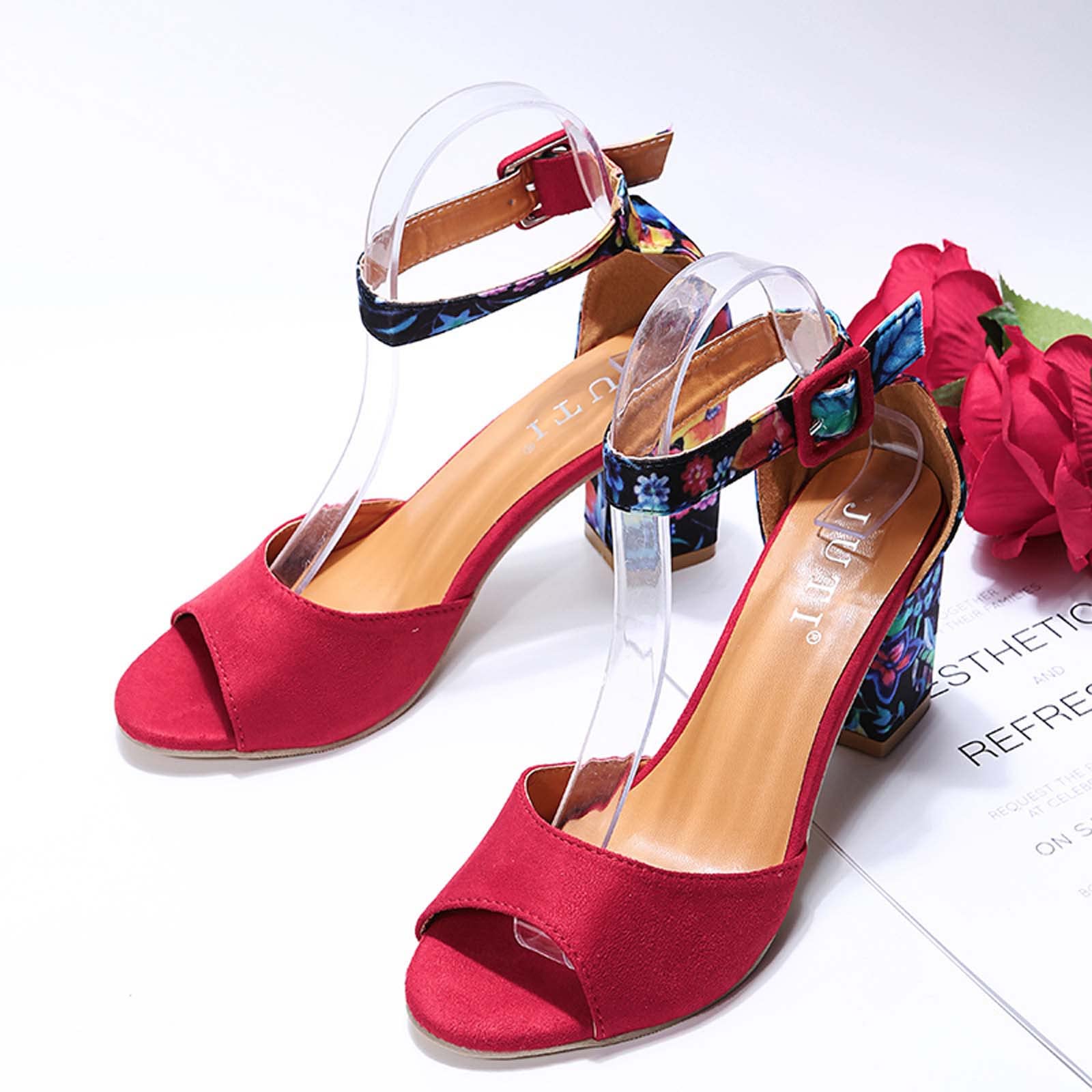 Women's Floral Chunky Heel Sandals - Ankle Strap Buckle Open Toe High Heels - Summer Comfort Casual Shoes for Jeans & Dresses - Perfect for Parties, Weddings & Date Nights