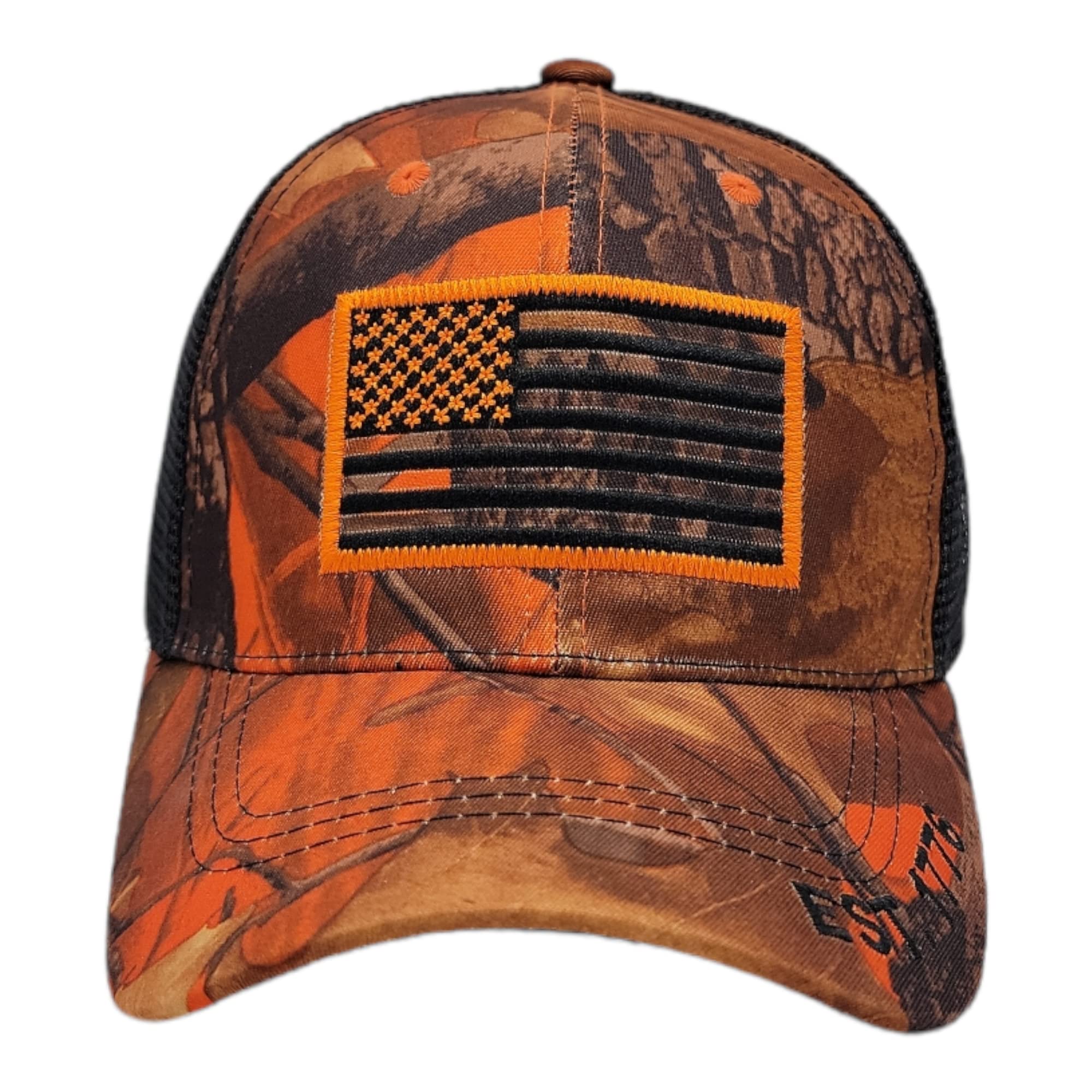 USA Flag EST 1776 Patriotic Mesh Trucker Hat - Lightweight Breathable Baseball Cap for Men & Women (Orange Tree Camo) - Perfect for 4th of July, Veterans Day, Outdoor Sports & BBQ Parties