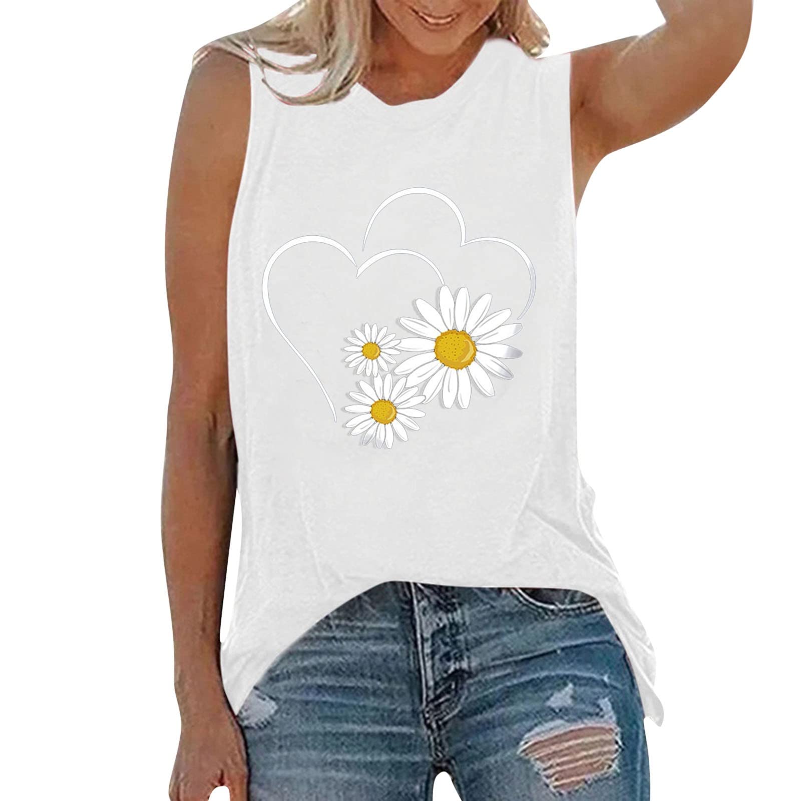 Women's Sleeveless Printed Round Neck Casual Tank Top - White, Small | Perfect for Summer Outfits, Beach Wear & Everyday Comfort