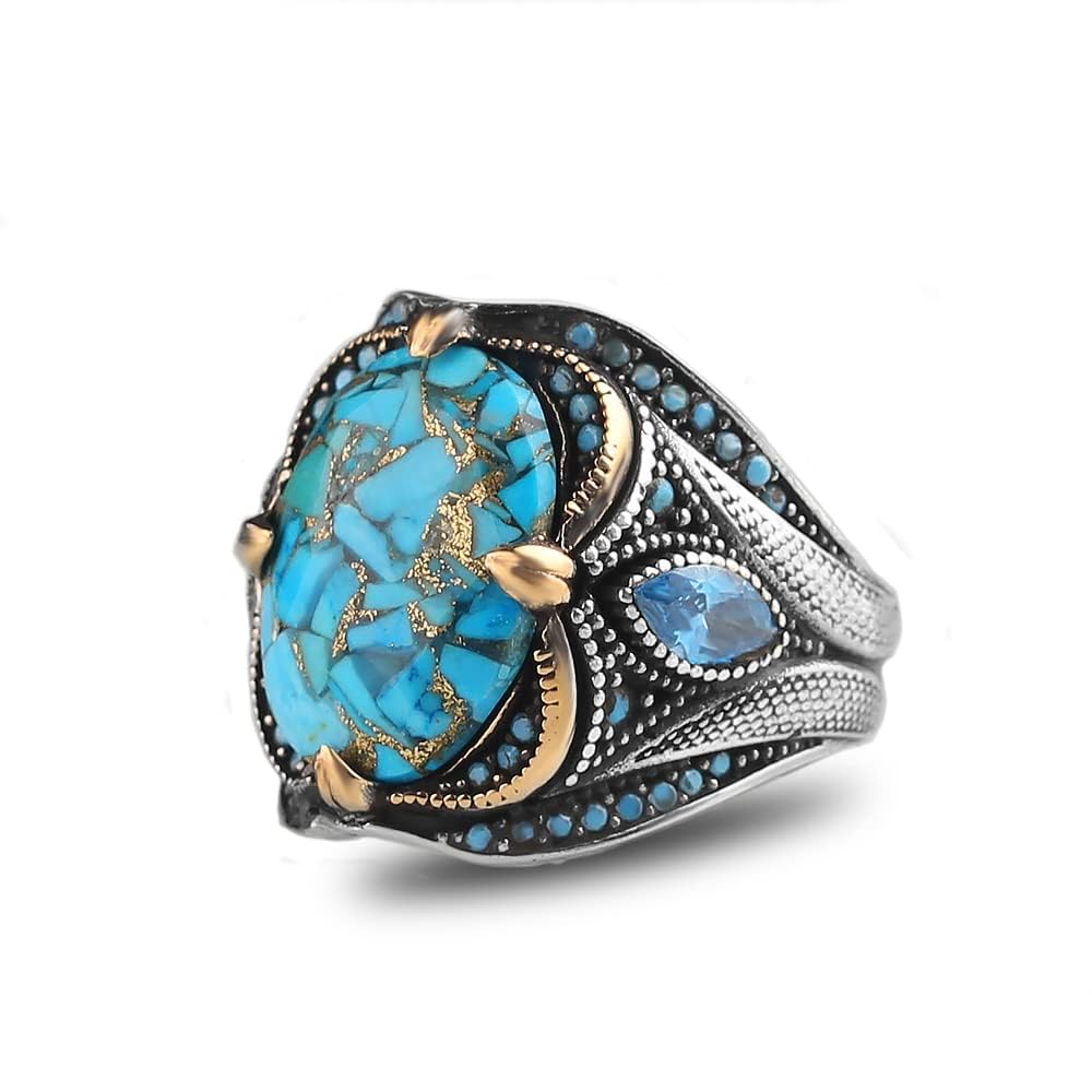 925 Sterling Silver Turquoise Stone Men's Ring - Handmade Engraved Turkish Silver Jewelry for Men | Perfect Gift for Boyfriend, Husband, Father | Great for Weddings, Anniversaries, and Special Occasions