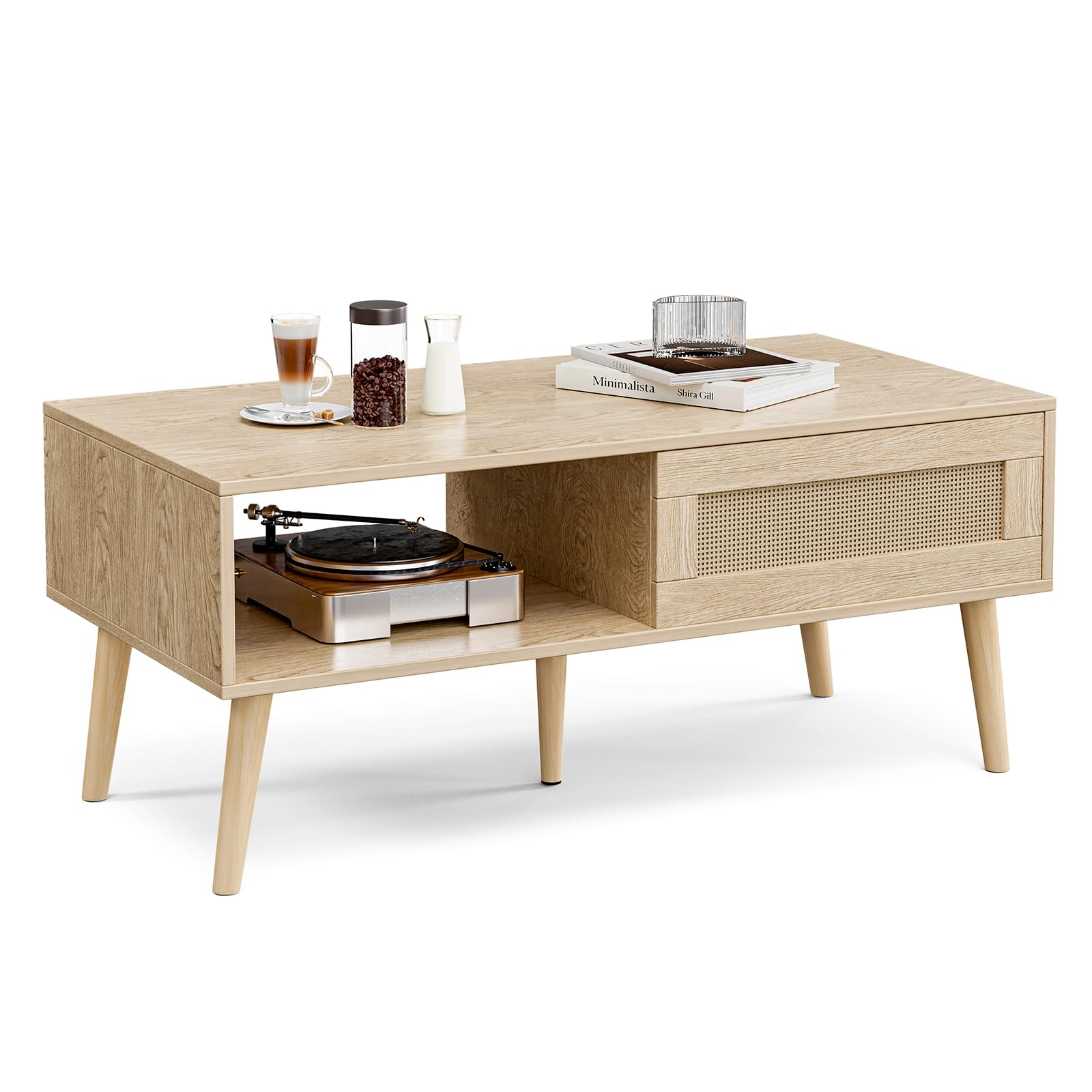 Boho Coffee Table with Storage - Solid Wood Legs & Sliding Rattan Door Panel - Small Oak Dining Table for Living Room - Perfect for Small Spaces, Apartments & Cozy Home Decor