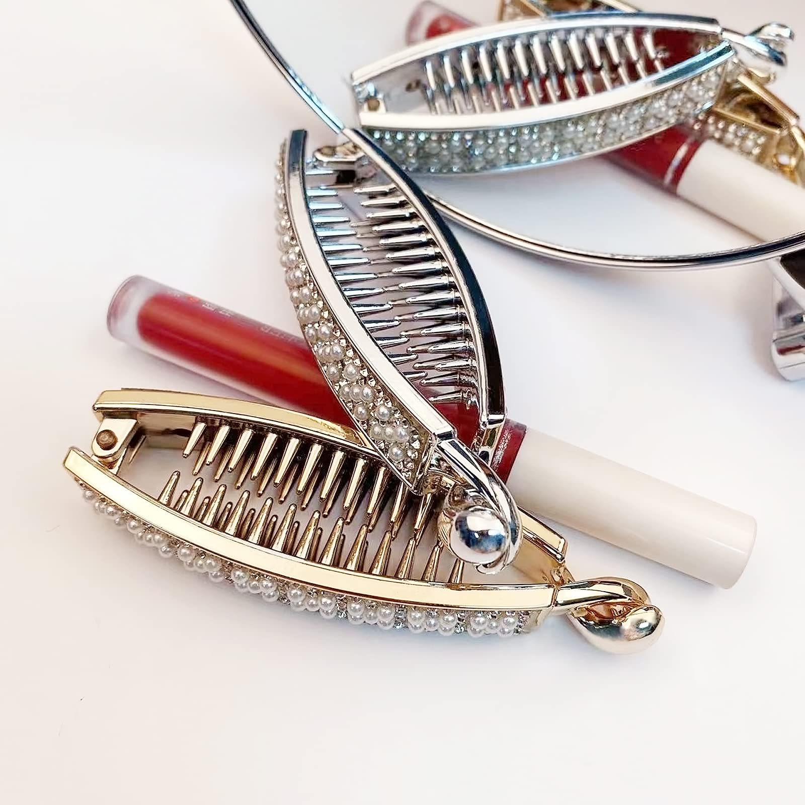 Rhinestone Acrylic Banana Hair Clips for Thick Hair - Gold & Silver Volumizing Claw Clip Barrettes for Women & Girls | Perfect for Updos, Ponytails & Everyday Hair Accessories
