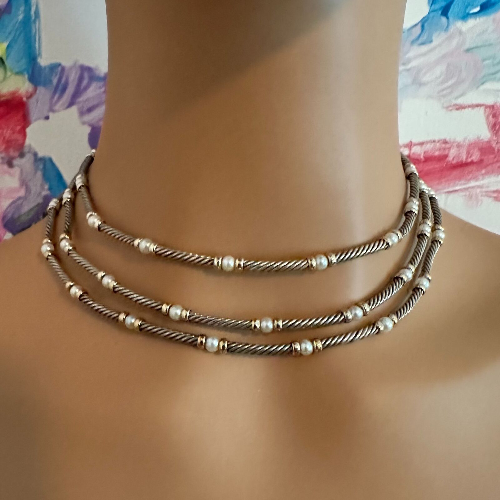 David Yurman DY Sterling Silver & 14k Yellow Gold 3 Cable 3mm Pearl Necklace - 15