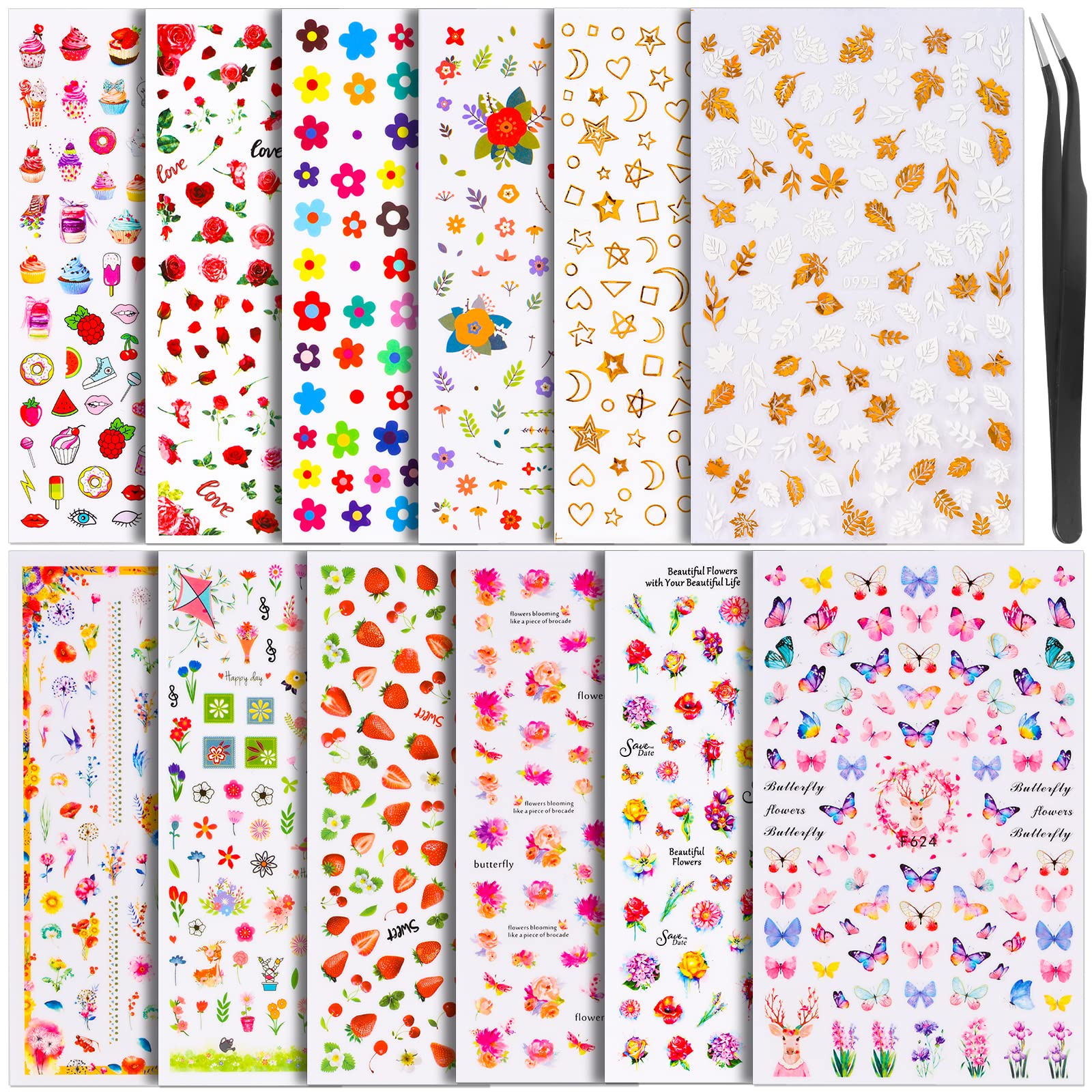 Teenitor Self-Adhesive Nail Art Stickers - 12 Sheets Floral Butterfly Star Fruit Leaf Designs for Women & Kids | Perfect for DIY Manicures, Parties, and Nail Salon Decorations
