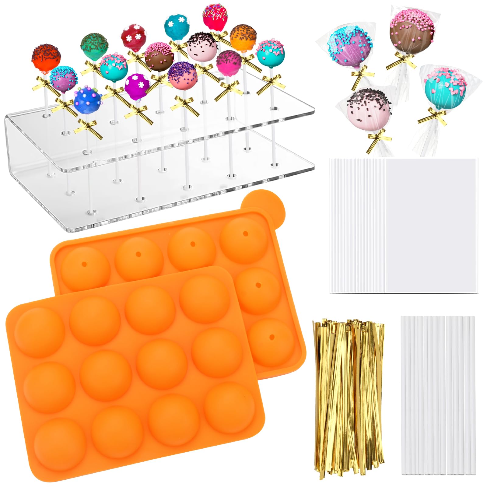 302Pcs Cake Pop Mold Kit - 12 Cavity Silicone Cake Pop Maker with 100 Sticks, 100 Candy Bags, 100 Gold Ties & 15-Hole Acrylic Lollipop Holder - Perfect for Birthday Parties, Baby Showers & DIY Dessert Making
