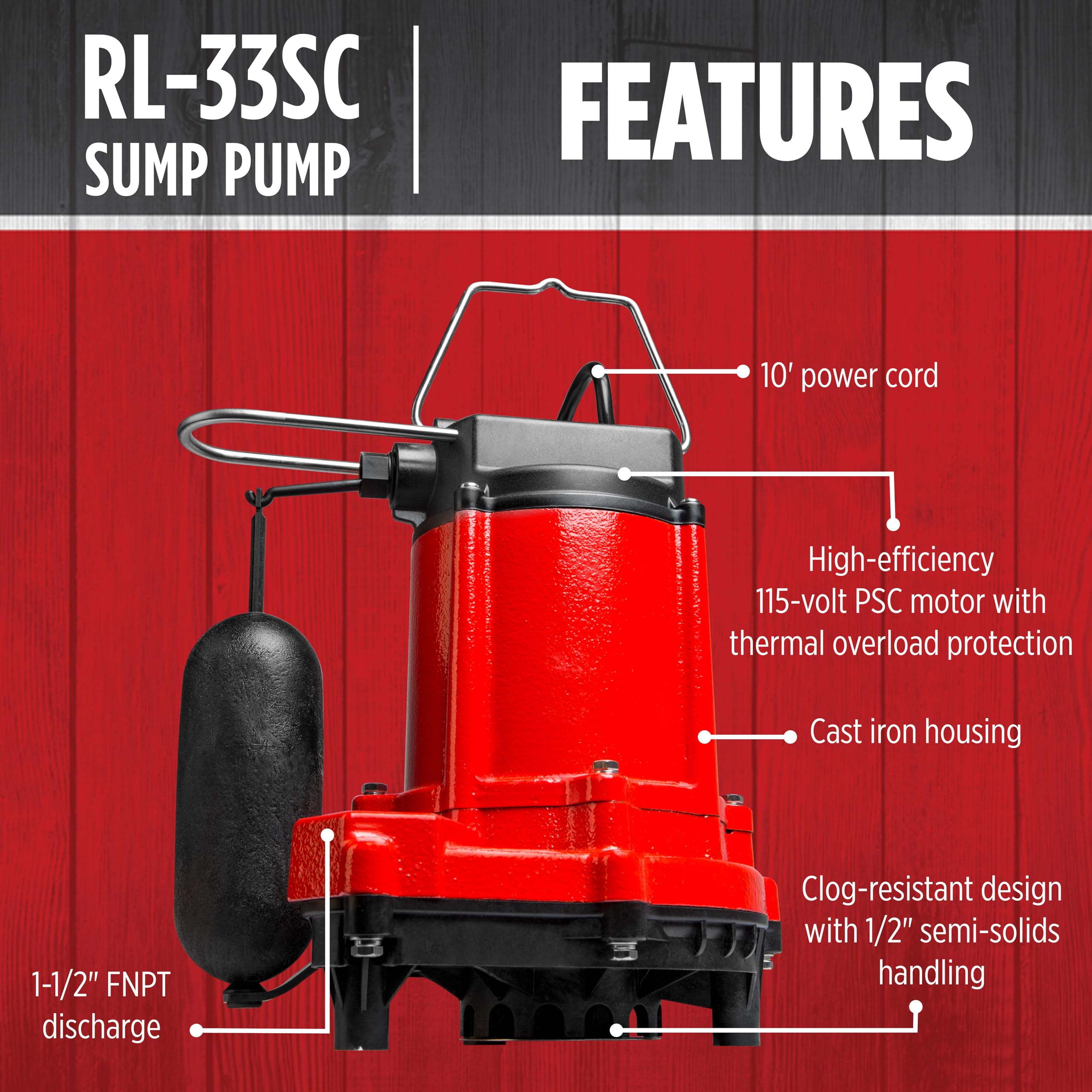 Red Lion RL-33SC 1/3 HP Cast Iron Sump Pump 115V 3420 GPH with Snap-Action Float Switch & 10ft Cord - Heavy Duty Basement, Crawl Space & Effluent Water Removal for Home & Commercial Use