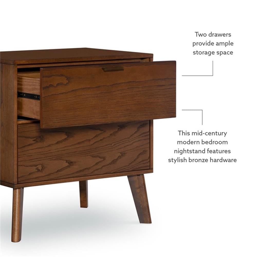 Linon Moore Nightstand with 2 Drawers, Tapered Legs - Medium Brown Wood Finish for Bedroom, Living Room, or Guest Room