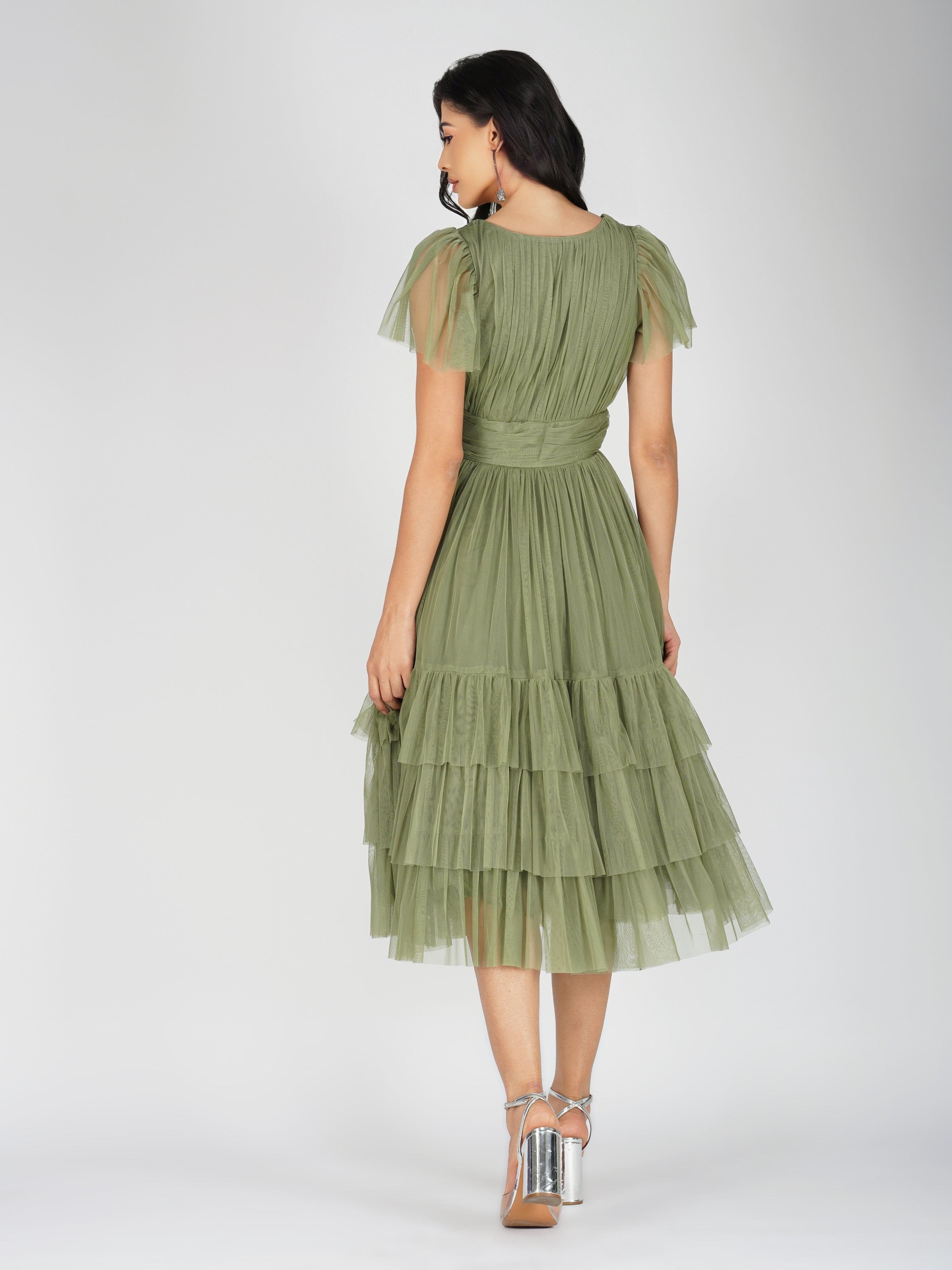 Madison Soft Olive Tulle Bridesmaid Midi Dress - Elegant Wedding Party Gown for Bridesmaids, Formal Occasions & Special Events