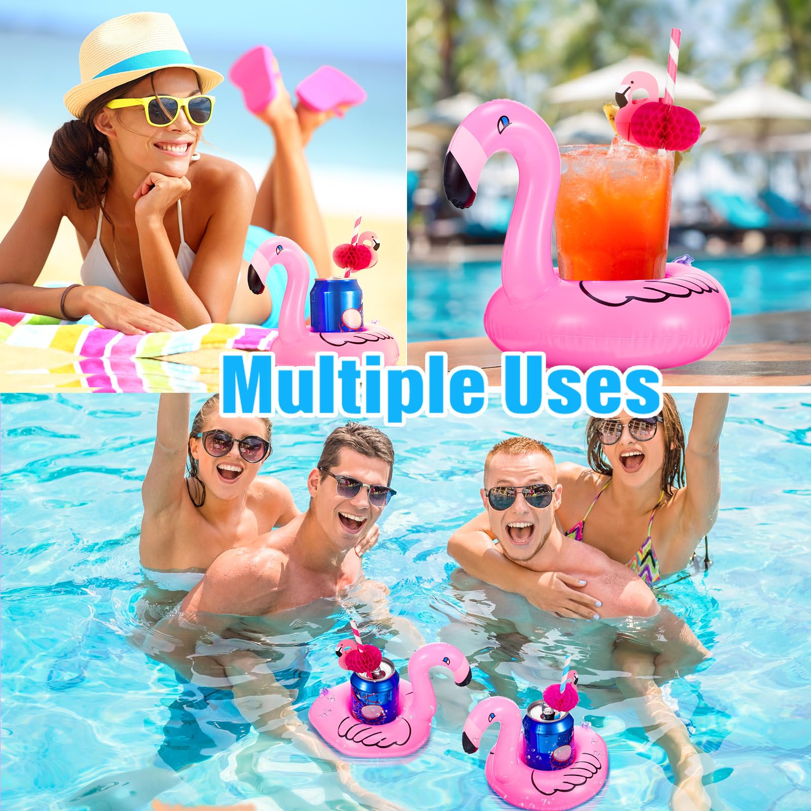 67 Pcs Flamingo Inflatable Drink Holder Set - 16 Floating Cup Holders for Pool with 50 Decorative Paper Straws & Mini Pump - Perfect for Pool Parties, Beach Gatherings & Summer BBQs