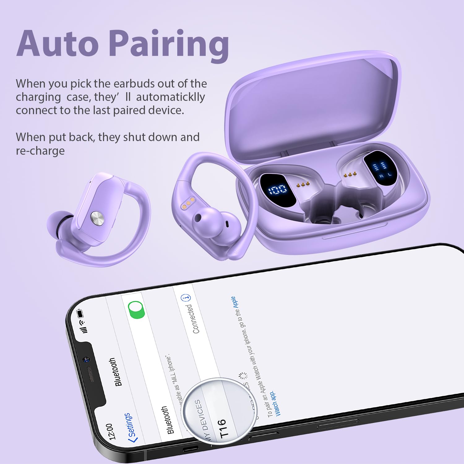 bmanl Wireless Bluetooth Earbuds - 48H Playtime, LED Display, Over-Ear Sport Headphones with Built-in Mic & Earhooks for Running, Gym Workouts - Purple (Ideal for Fitness, Commuting & Outdoor Activities)