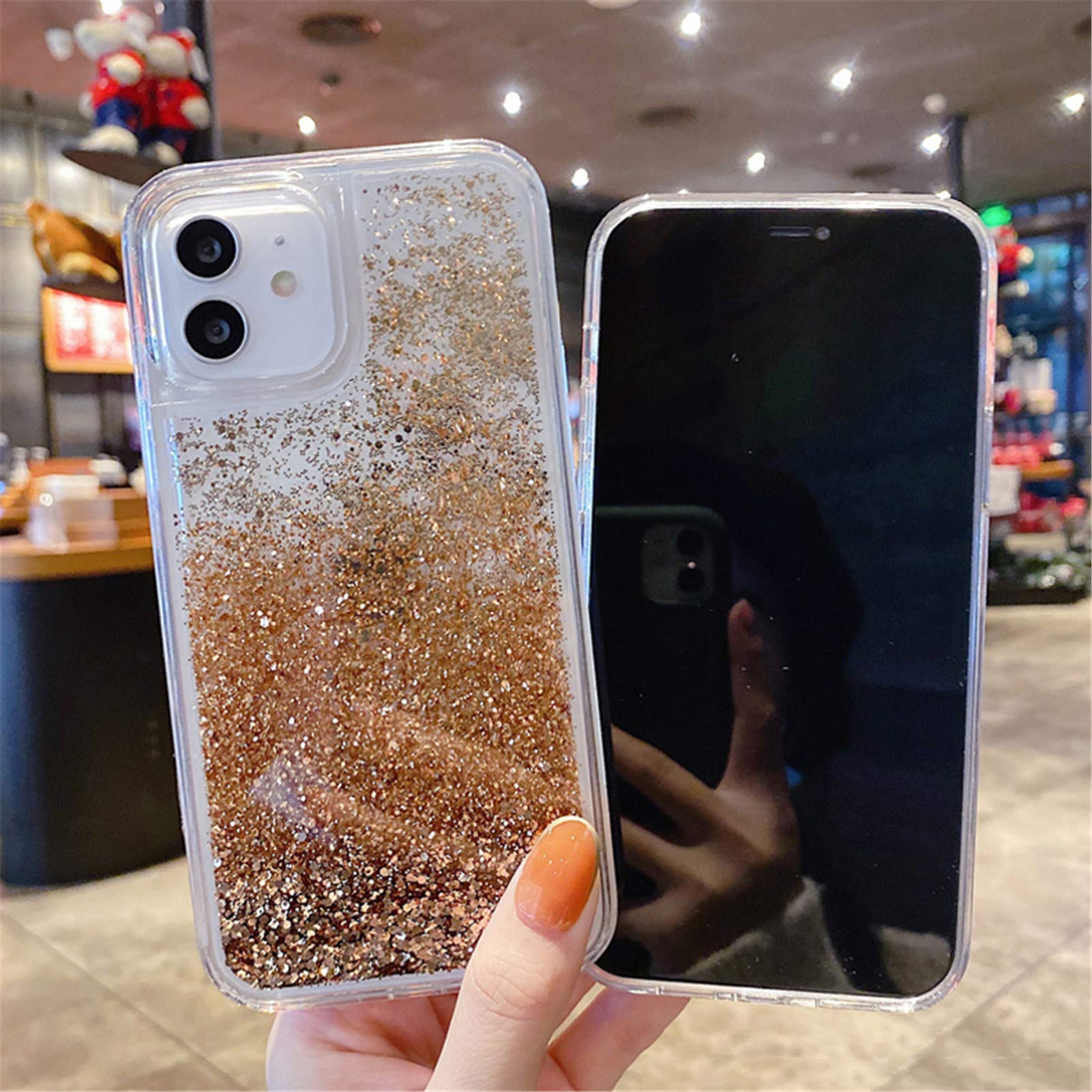 UnnFiko Liquid Glitter Phone Case for iPhone 12 Mini - Hard Back Colorful Bling Quicksand Cover with Sequins (Gold) | Trendy Protective Case for Parties, Nightlife & Everyday Use