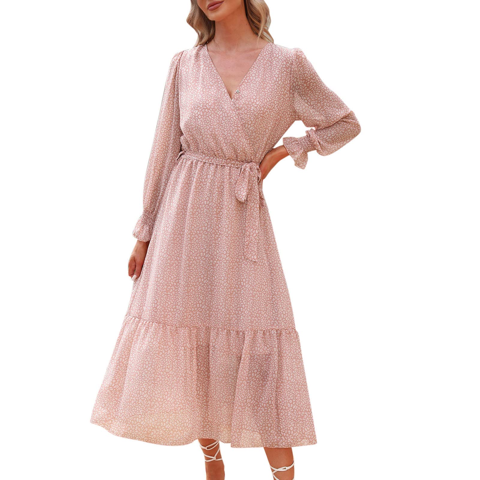 Boho Floral Print Long Sleeve Wrap V-Neck Maxi Dress with Pockets - Women's A-Line Flowy Pleated Belt Black Dress for Beach, Wedding & Casual Outings