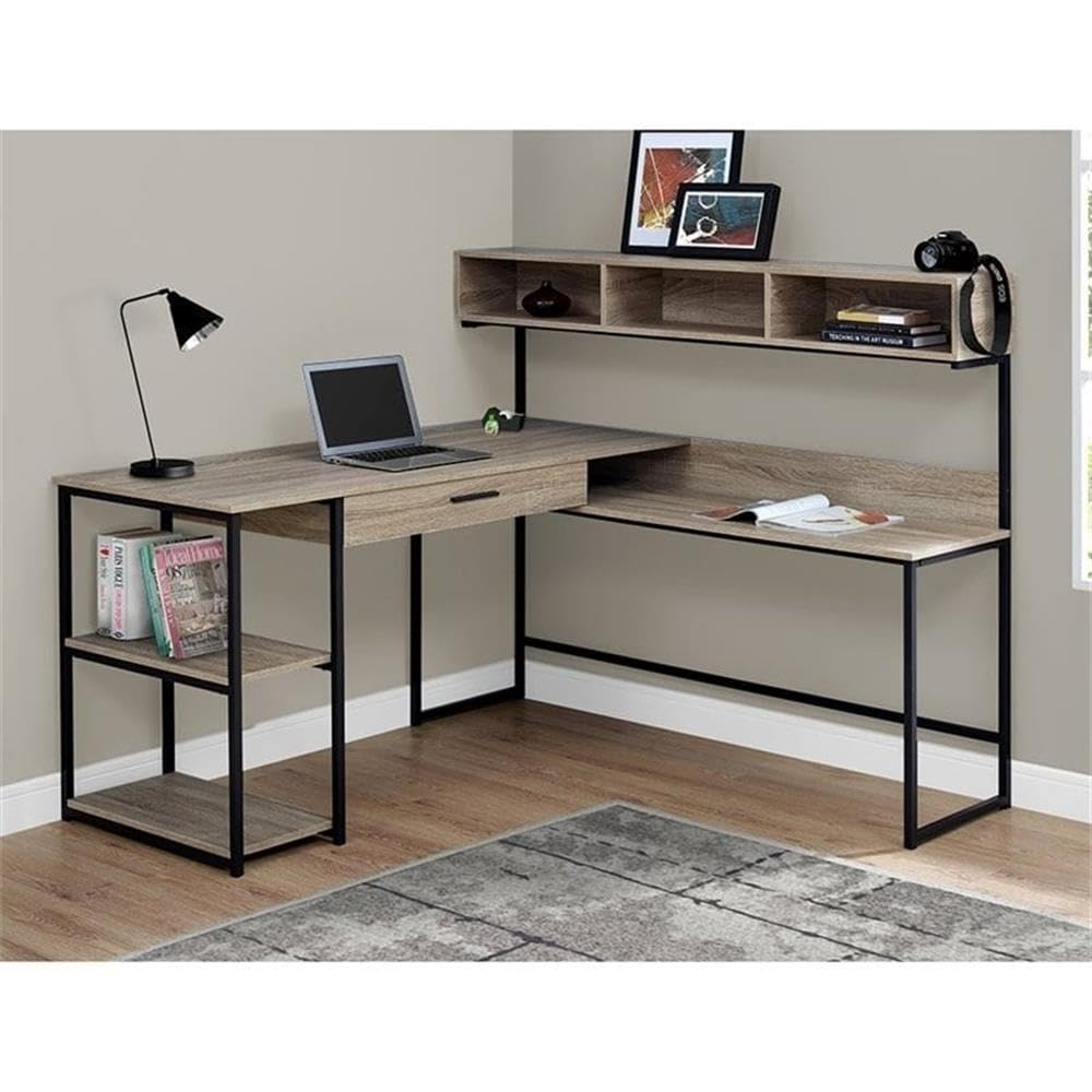 Mid-Century Modern L-Shaped Computer Desk - Wood & Metal Office Desk in Taupe Gray/Black - Perfect for Home Office, Gaming Setup & Small Workspace