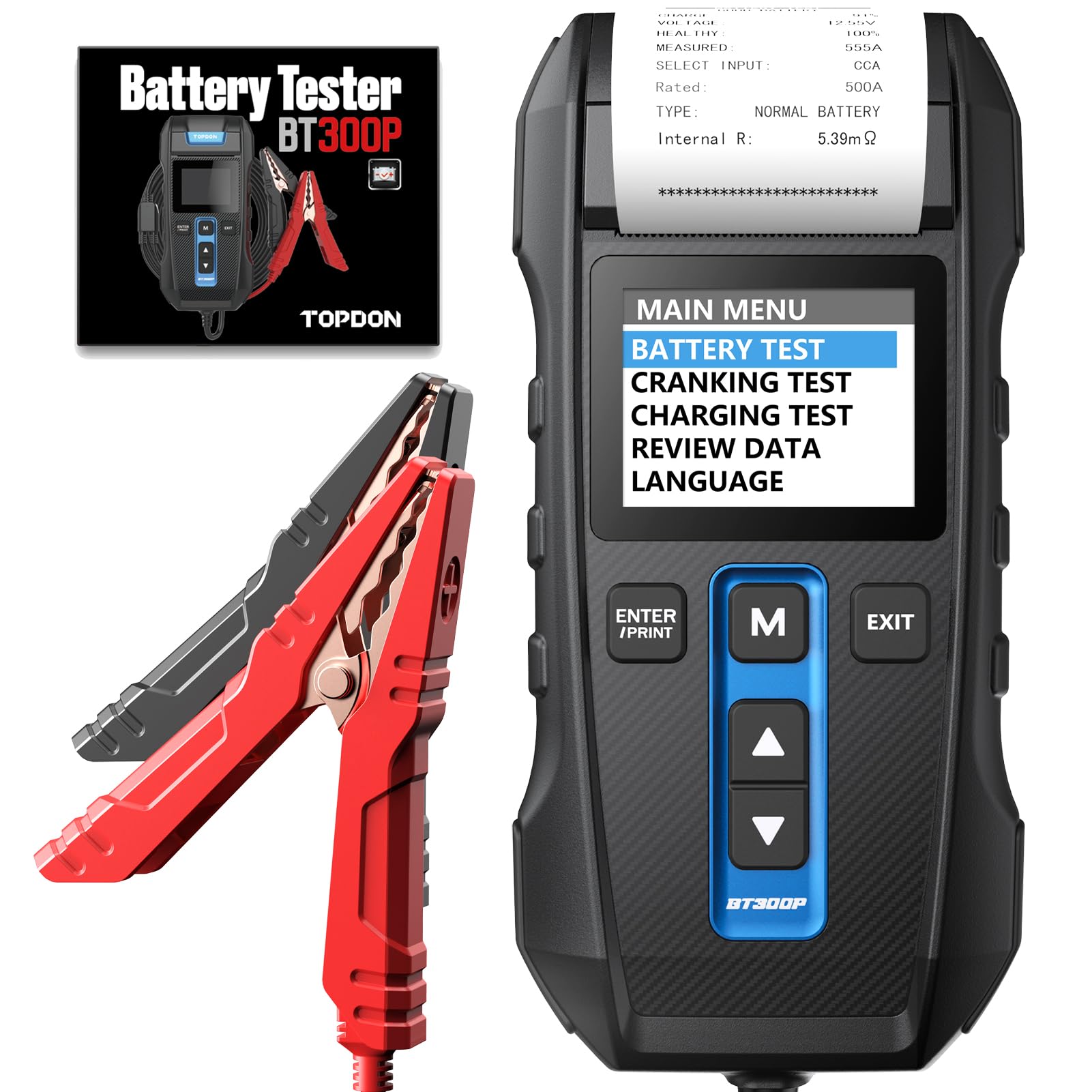 TOPDON BT300P 12V 24V Car Battery Tester - 100-2000CCA Lead-Acid Battery Load Tester with Built-in Printer & Spark-Free Metal Clamps | Alternator Tester with Automatic Reverse Polarity Protection | Perfect for Auto Shops, Mechanics & DIY Car Maintenance