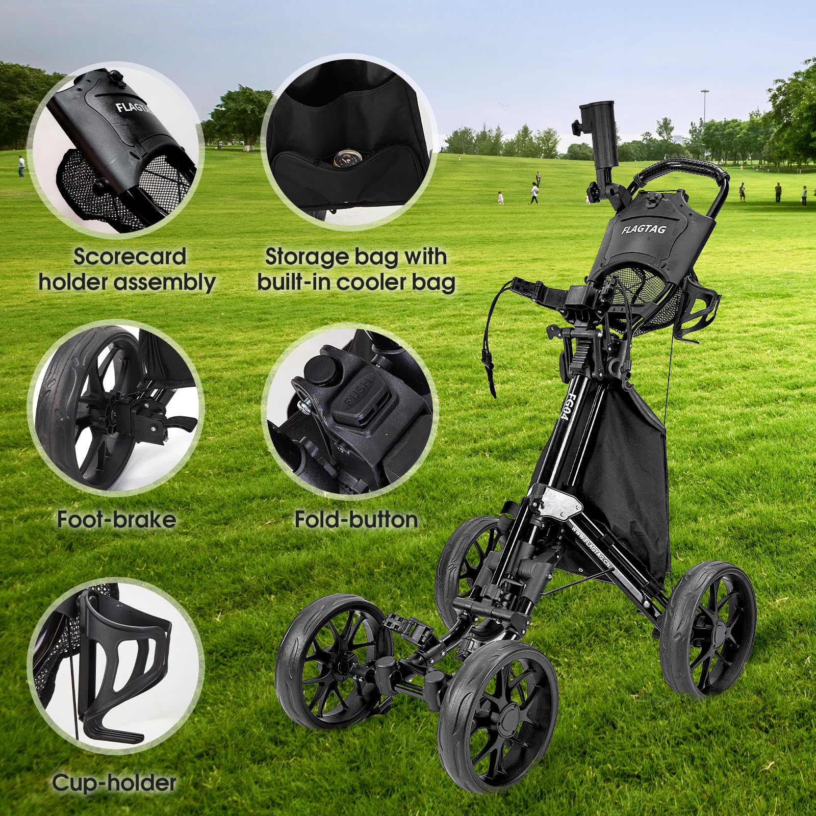 4-Wheel Folding Golf Push Cart with Cup Holder, Umbrella Holder & Cooler Bag - One-Click Foldable Design, Adjustable Handle Height - Perfect for Walking Golfers on the Course or Driving Range