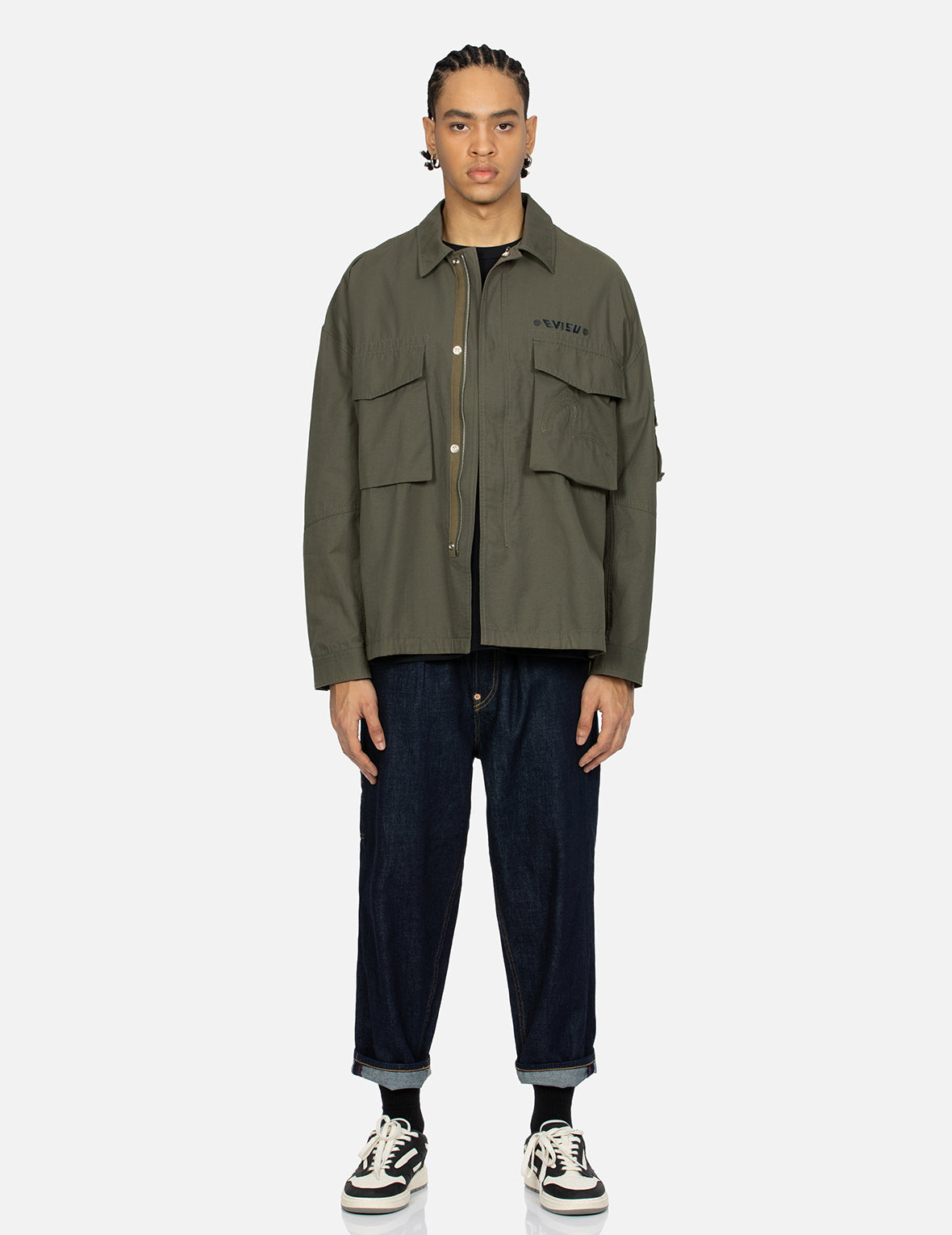 Hand-Stitched Seagull & Godhead Embroidered Loose Fit Shirt Jacket for Men - Casual Oversized Denim Shacket for Streetwear & Outdoor Activities