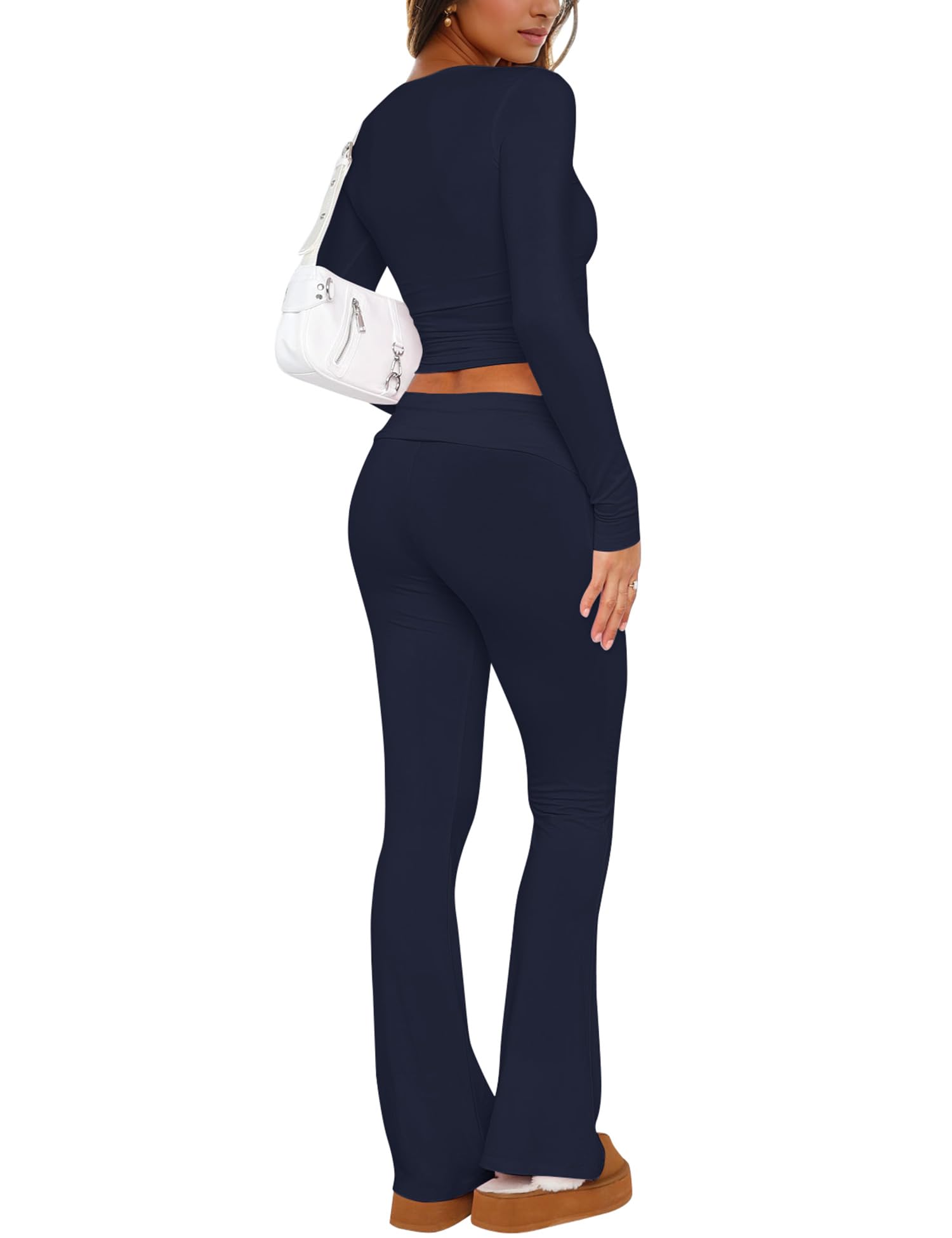ZENWEI Women's 2-Piece Lounge Set - Long Sleeve Cropped Yoga Top & Fold-Over Flare Pants Matching Outfit | Comfortable Tracksuit for Yoga, Home, Workout & Casual Wear