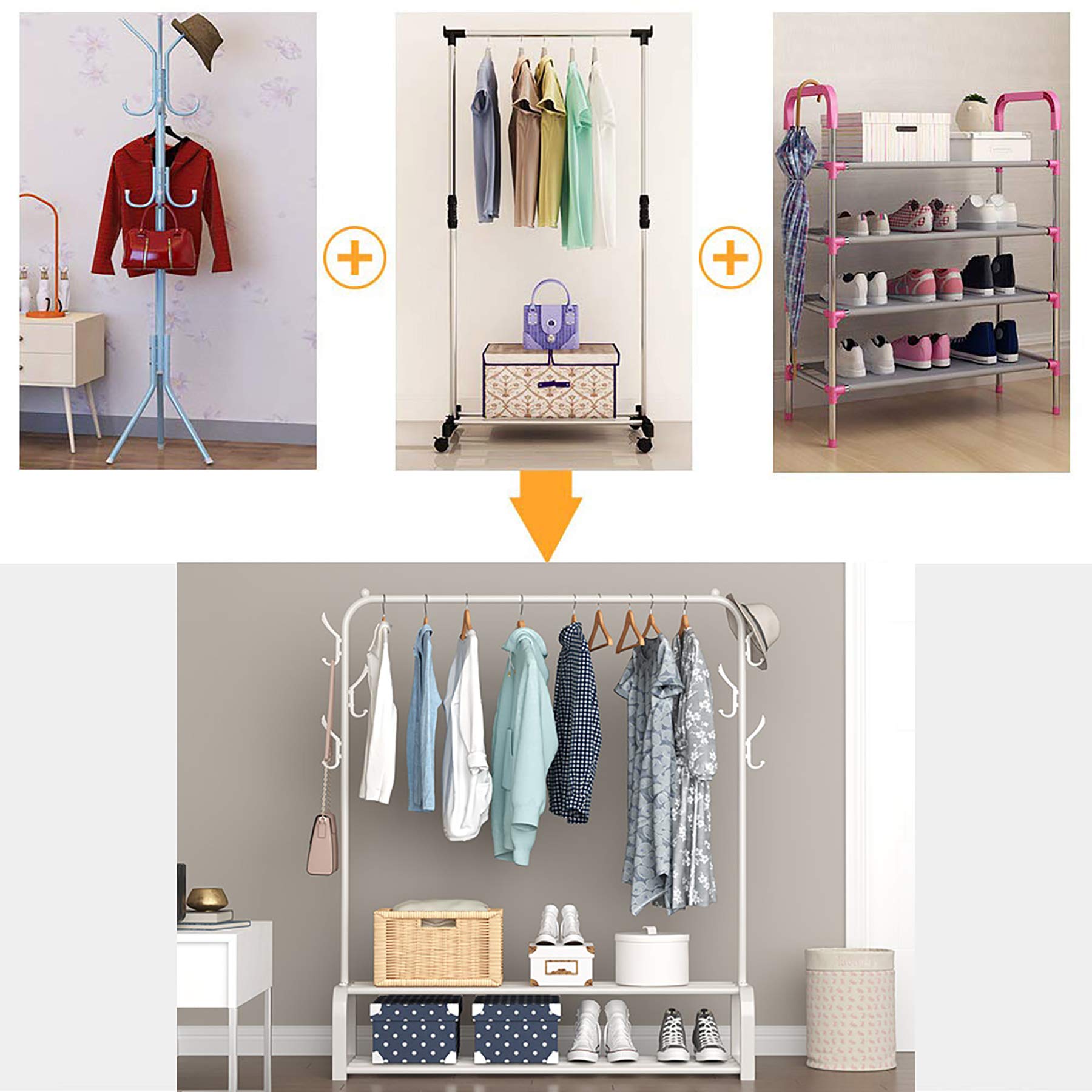 YAYI Freestanding Garment Rack with 2-Tier Storage Shelf & Side Hooks - White Clothes Hanger for Bedroom, Closet Organization & Laundry Room Storage