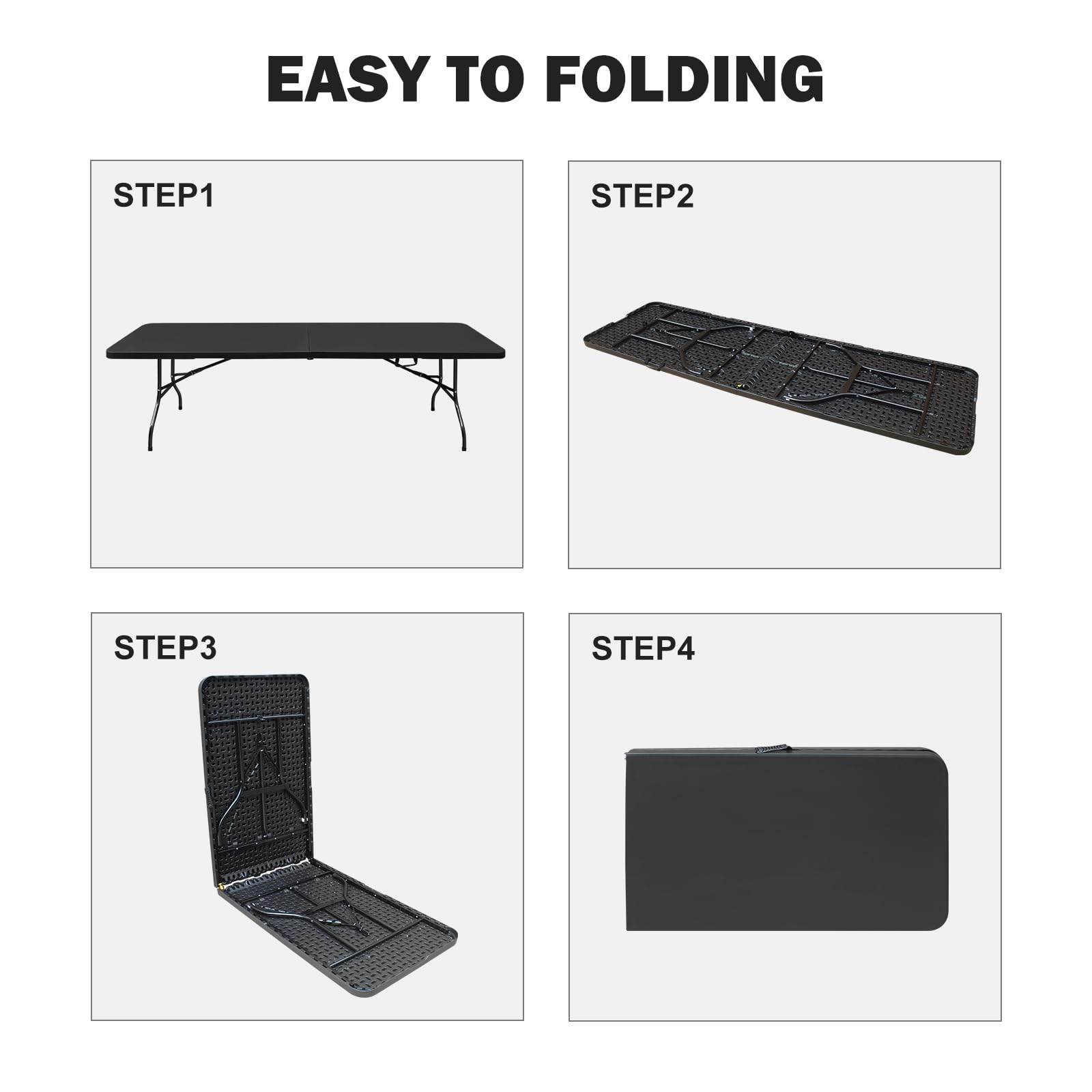 Heavy Duty Portable Folding Table 4ft/6ft/8ft - White & Black Plastic Picnic Dining Table for Camping, Parties, Kitchen, Indoor & Outdoor Use - Fold-in-Half Design for Easy Storage & Transport