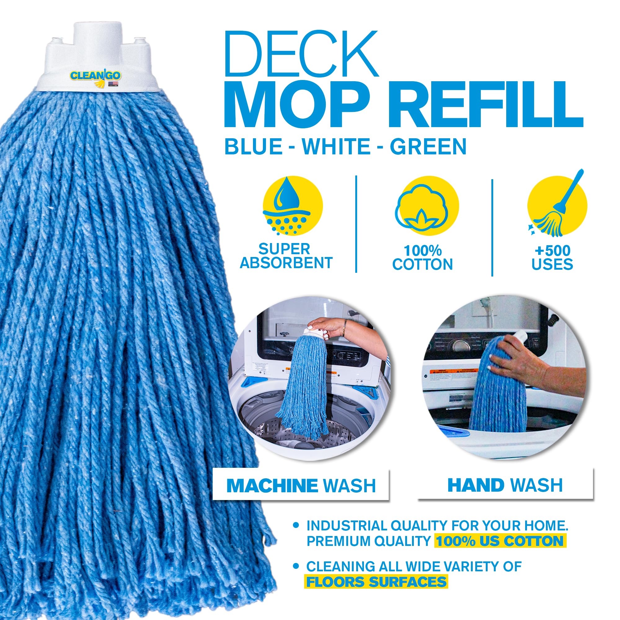 Premium Heavy Duty Cotton Mop Head Refill - Blue Color, Compatible with Standard Mop Handles | Durable Home, Commercial & Industrial Cleaning Solution | Machine Washable & Easy to Clean | Handcrafted in USA | Perfect for Hard Floors, Tile, Wood & High-Traffic Areas