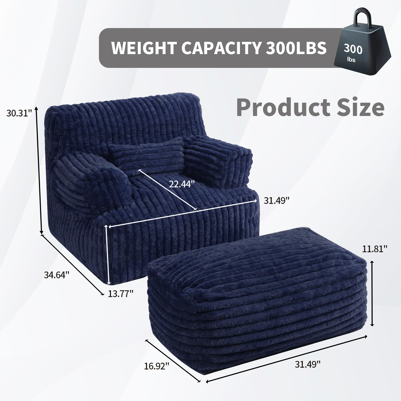 Extra Large Bean Bag Chair for Adults - Oversized Bean Bag Sofa with Ottoman, Ultra Comfortable Reading Chair for Dorm, Living Room & Bedroom (Navy Blue) - Perfect for Relaxing, Gaming & Movie Nights